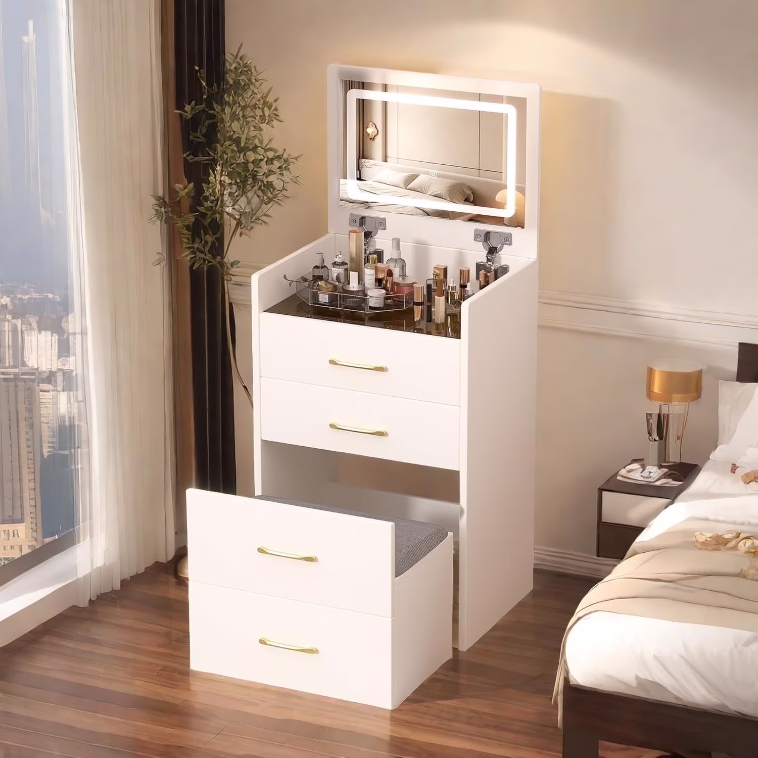 Montary Modern Mini Vanity w/Adjustable LED Mirror + Hidden Storage, Padded Stool & Dustproof Shelves (White) - Image 22
