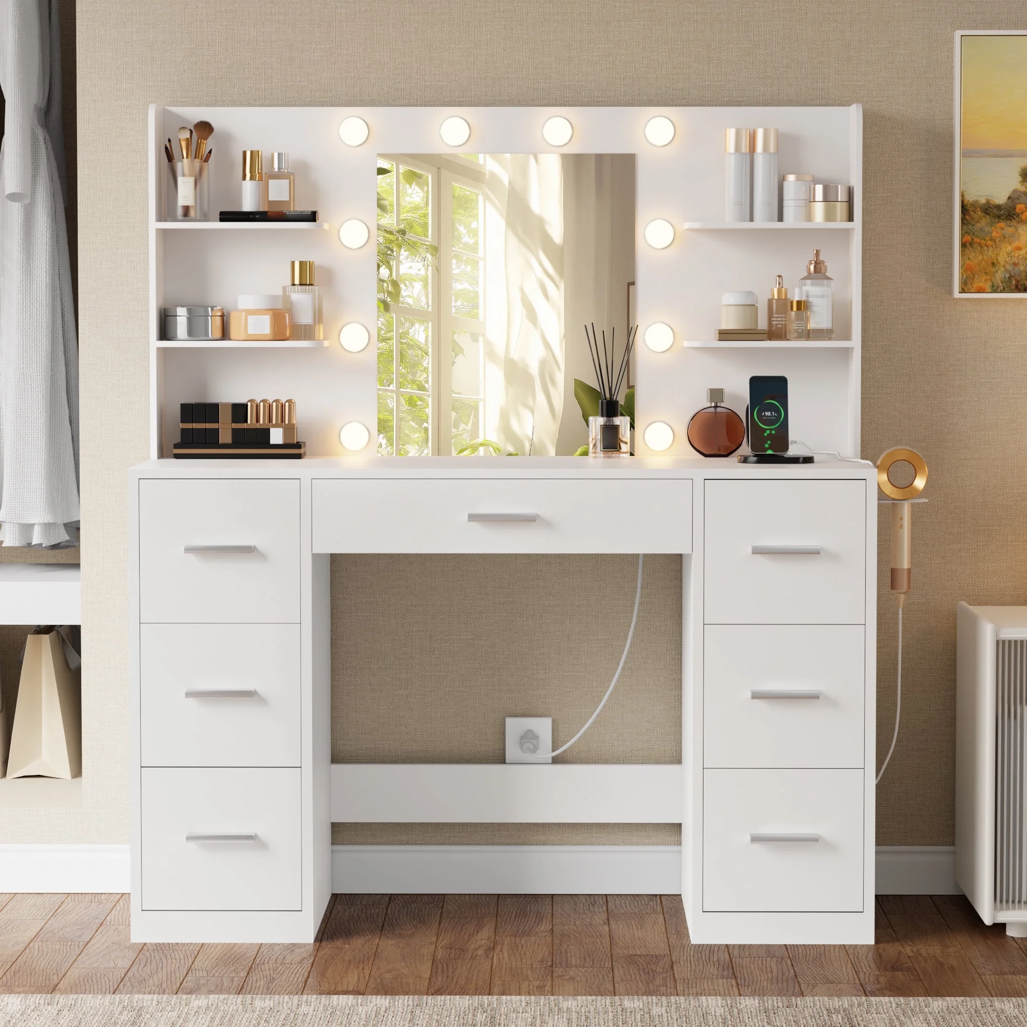 Lacoo Vanity Desk with Mirror and LED Lights, Makeup Vanity with 7 Drawers & 4 Shelves, Vanity Table with Power Outlet for Bedroom Dressing Room, White