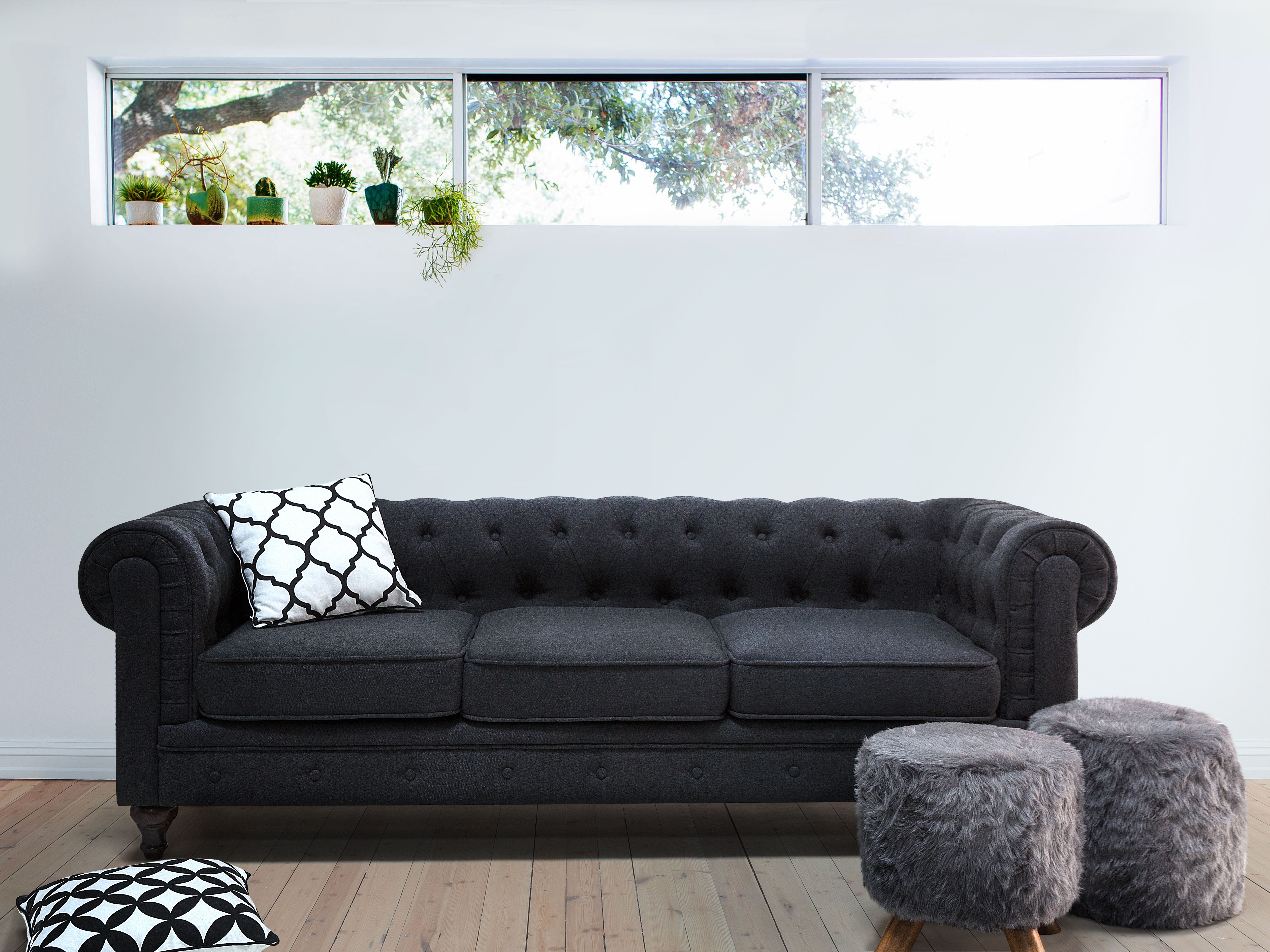 Sofa 3 Seater CHESTERFIELD Fabric Graphite Grey