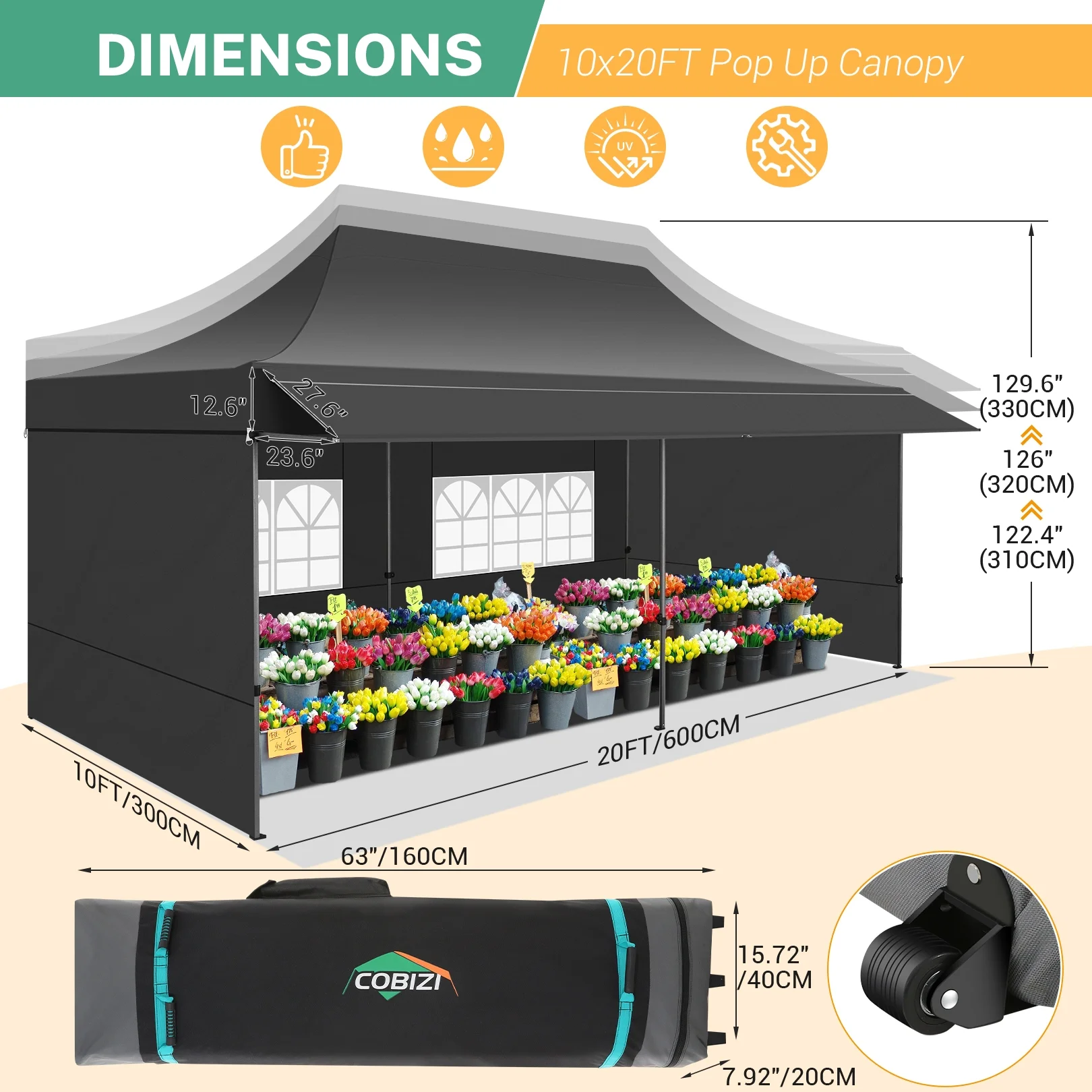 COBIZI 10x20 Pop Up Canopy Heavy Duty Party Tent with Removable Awning and Sidewalls,Easy Up Outdoor Wedding Canopy,Gazebo All Season Windproof&Waterproof with Roller Bag UPF 50+,Black - Image 2