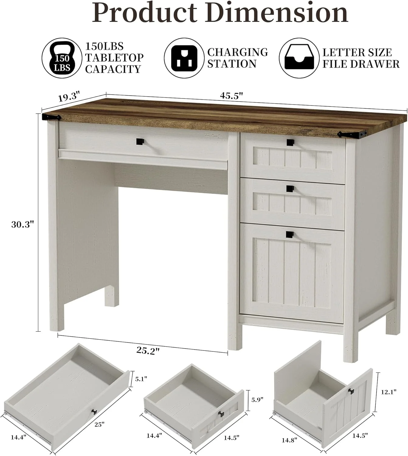 FIAKOA 45"Executive Desk, Modern Farmhouse Computer Desk with Drawers & Cabinet, White Home Office Desk Writing Workspace for Work Study - Image 5