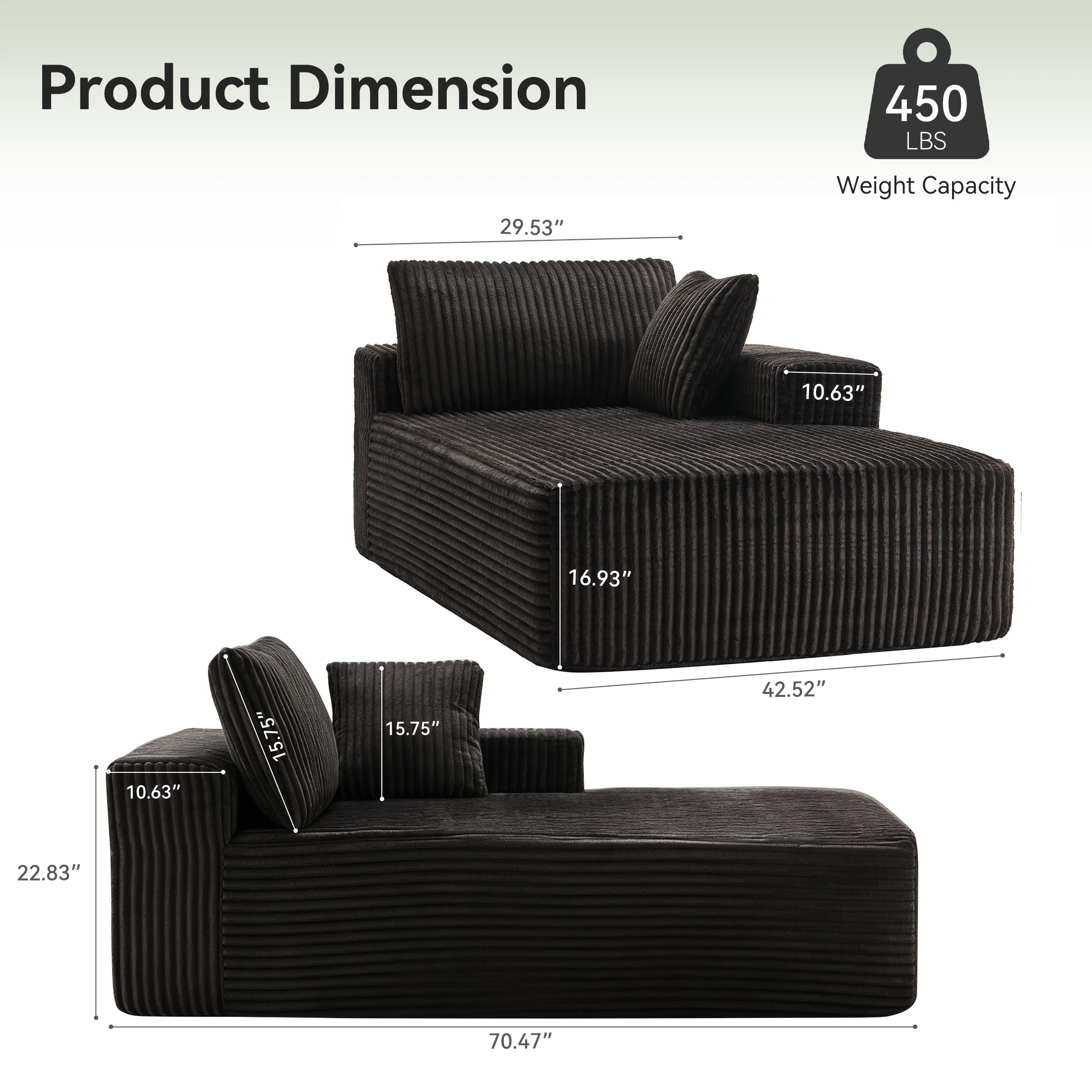 LUMIHO Chaise Lounge Chair Indoor, 42" Sleeper Chair with Two Throw Pillows and Armrests, Corduroy Chaise Couch Chair with Ottoman for Living Room, Bedroom, Apartment, Green - Image 17