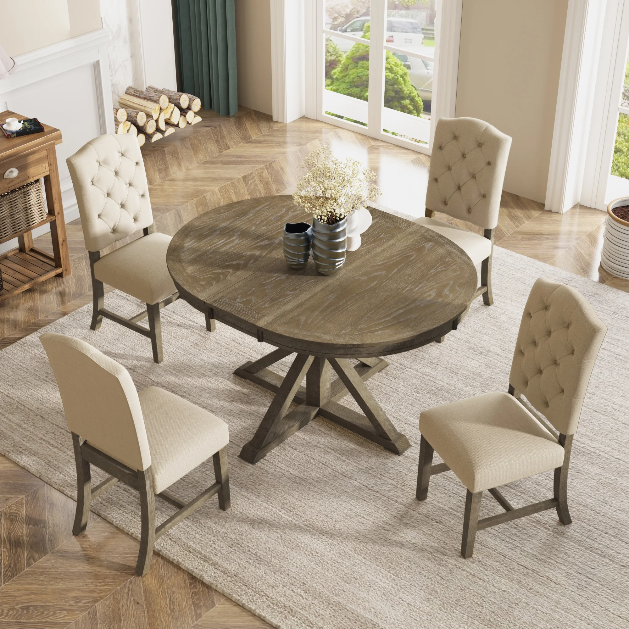 Besthome Farmhouse Extendable Round Kitchen Dining Room Table Set with Upholstered Chairs of 4, 5 Piece Round Dining Table Set with Extendable Table, Espresso - Image 11