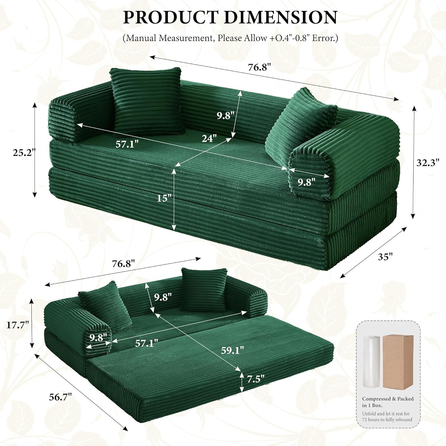 Boneless Couch Versatile Couches for Living Room No-Install Sofa Bed Corduroy Futon Soft Cloud Couch with Pillows for Bedroom Game Movie (Green, 76