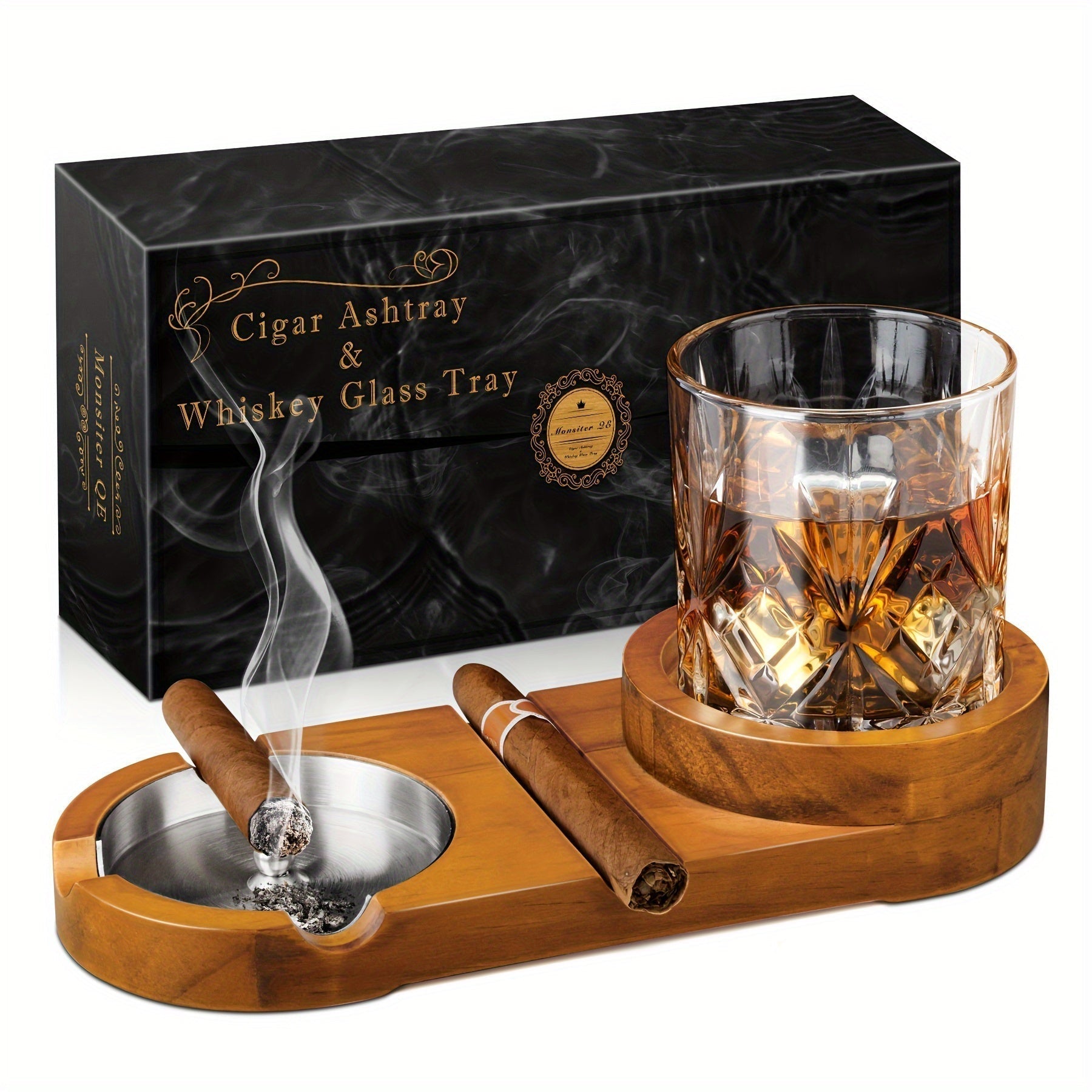 Luxe Cederhout Sigarenasbak met Afneembaar Whiskyglazen Bakje – Duurzaam en Elegant Accessoire voor Sigarenliefhebbers
