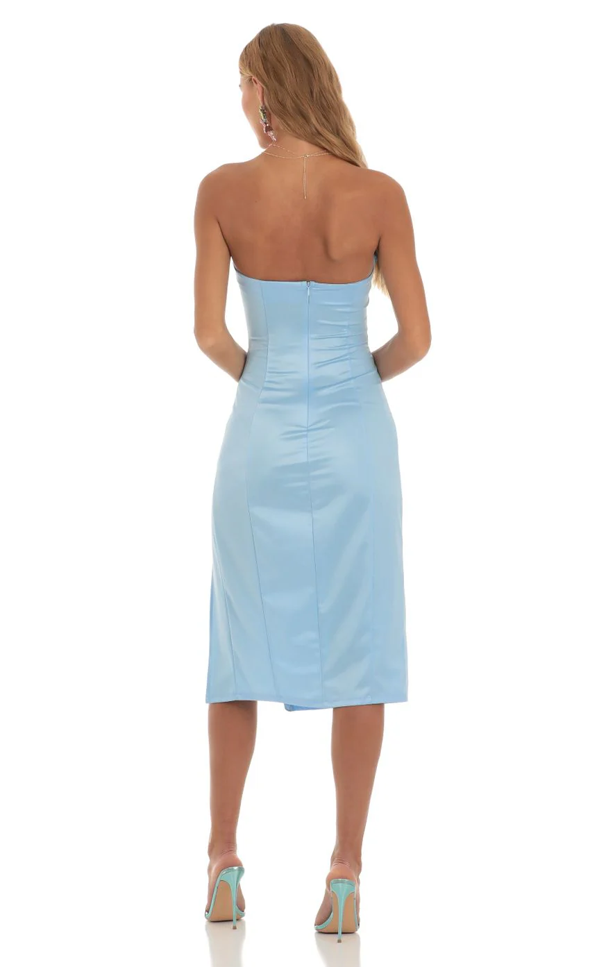 Satin Strapless Midi Dress in Blue