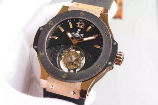 Replica Hublot Big Bang Tourbillon RG Black Textured Dial Black Rubber Strap - Elite Watch Atelier