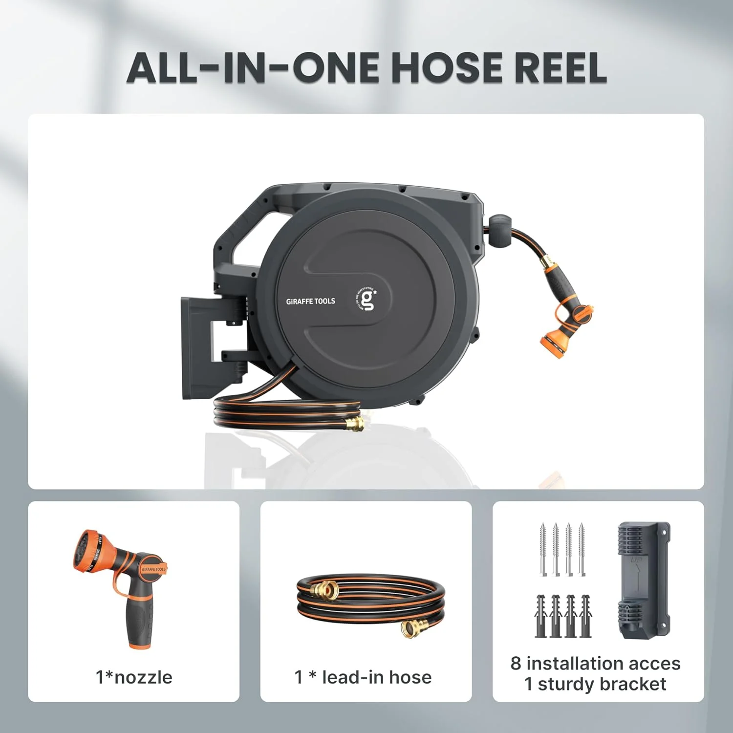 Giraffe Tools Retractable Garden Hose Reel with 1/2in-100ft Water Hose, Plastic Bracket, Wall Mounted, Dark Grey - Image 10