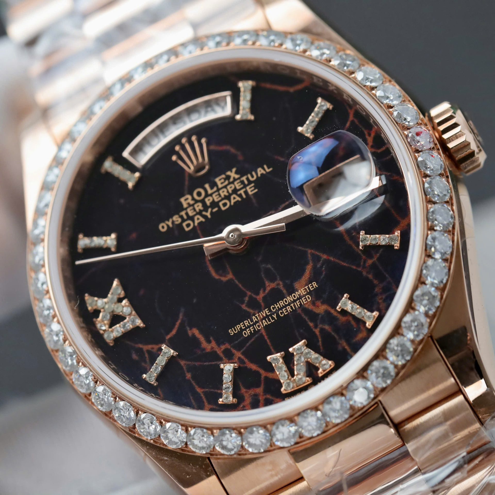 Rolex Day-Date Eisenkiesel Dial Copies Watch Gold Wrapped + Diamonds Moissanite GM Factory 36mm - Elite Watch Atelier
