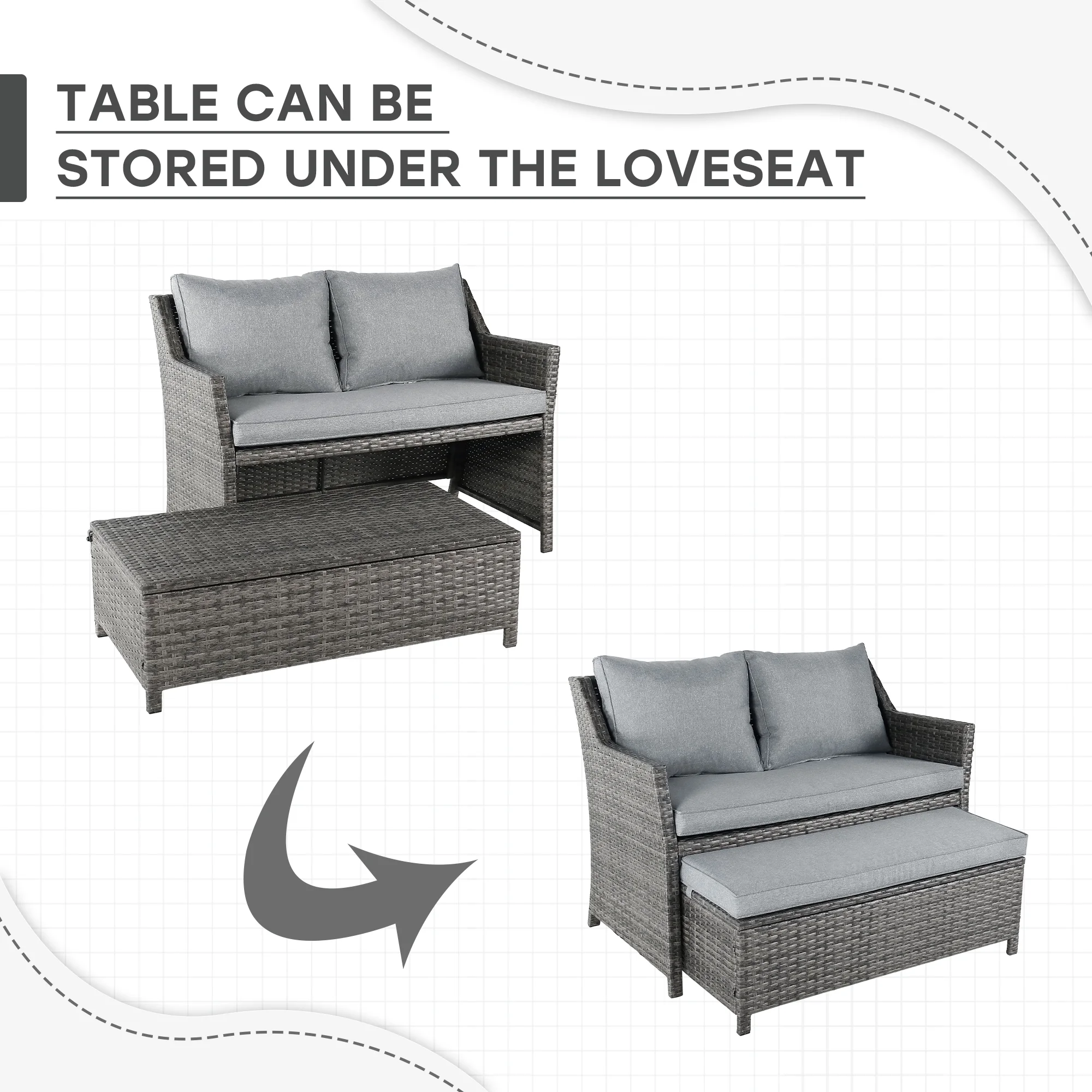 Outdoor Wicker Love Seat and Coffee Table Set, Weather Resistant Grey Rattan, Patio Furniture with Gray Cushions & Storage Bin