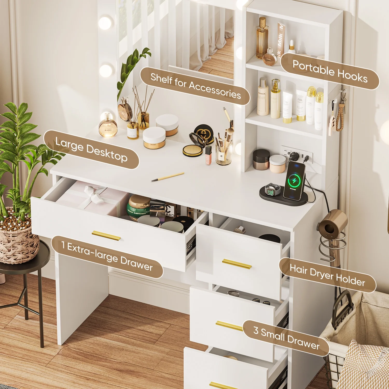 Makeup Vanity with Mirror and 3 Color Lights,Vanity Dressing Table with USB Charging Station,4 Drawers,Open Storage Shelves,White - Image 10