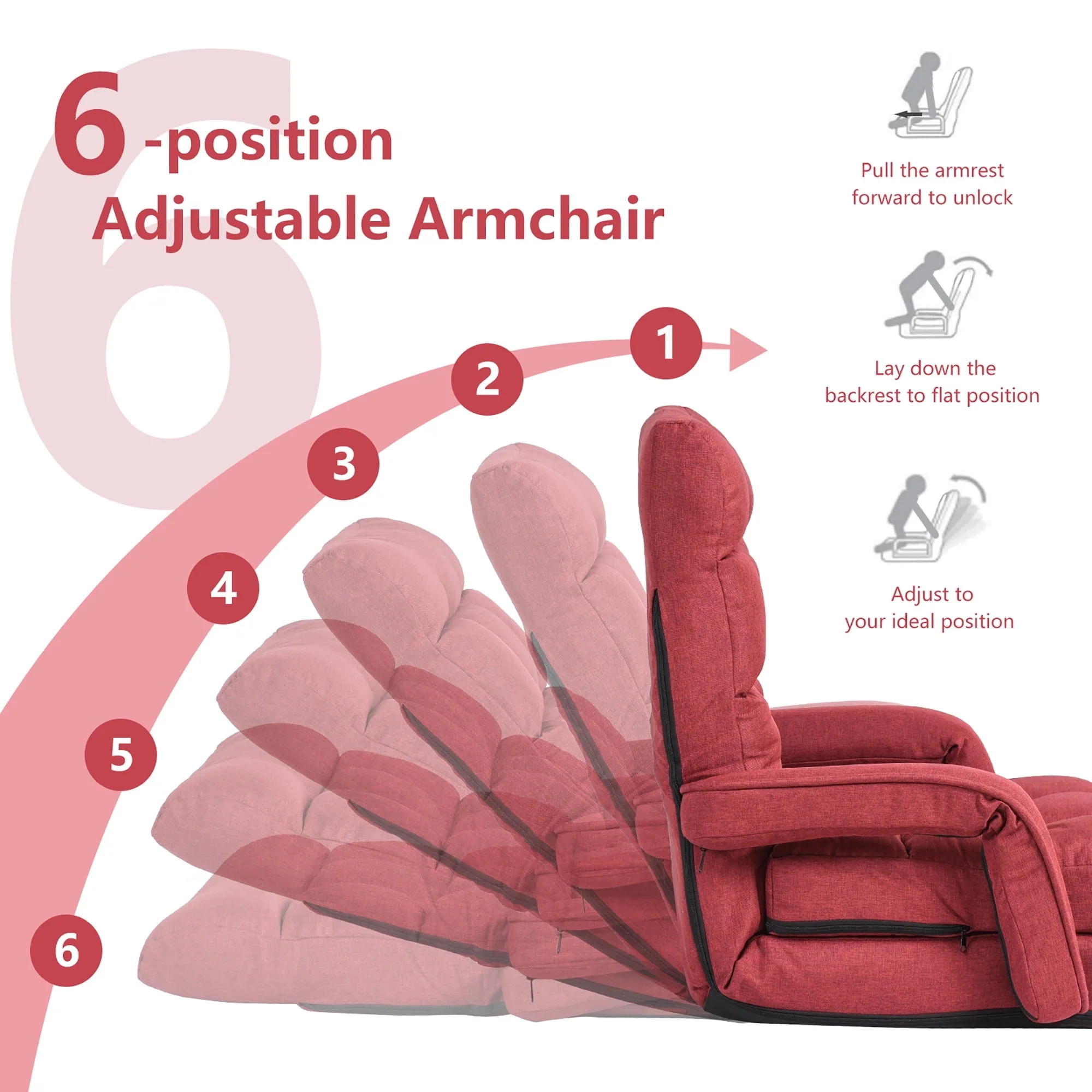 Costway Folding Floor Armchair w/ 6-position Adjustable Back & Lumbar Pillow Red - Image 7