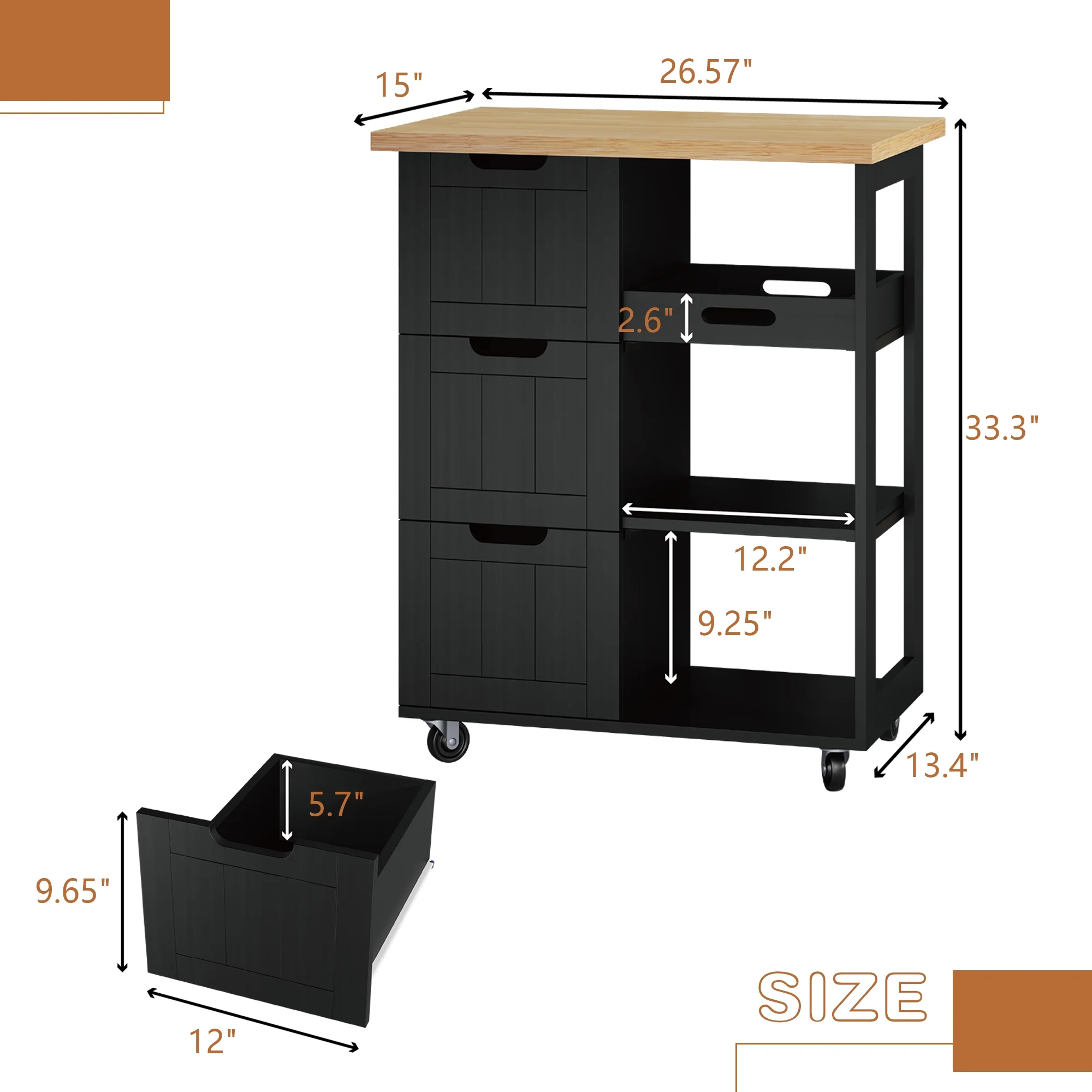 Walsunny Kitchen Island, Rolling Kitchen Storage Cart with 3 drawers 3 Level Open Wooden shelving Counter tops��Black��
