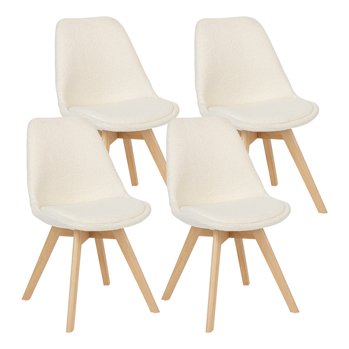 Set of 4 chairs "Baya" Beech, boucl&eacute;, white