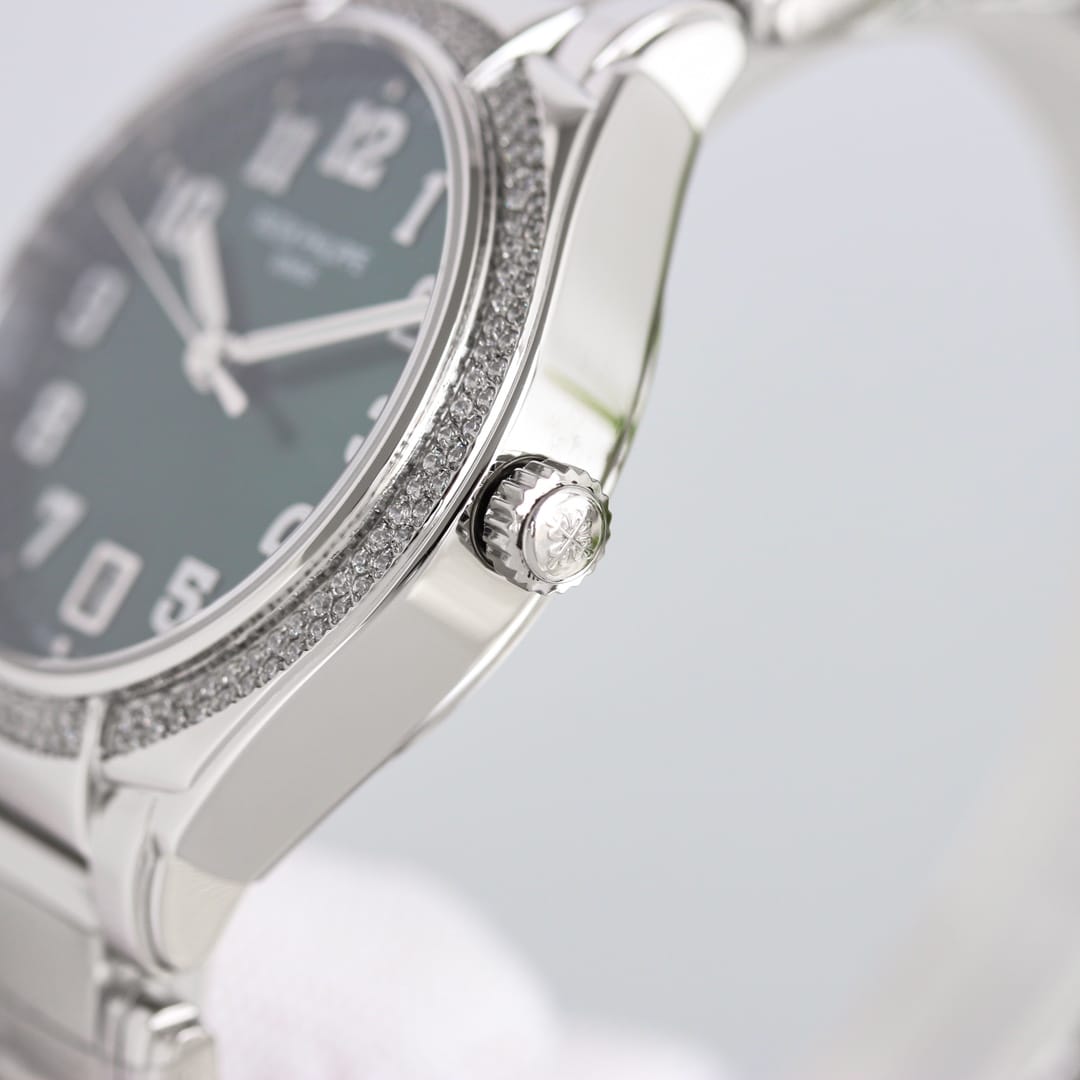 Fake Diamond Watch For Women Patek Philippe Replica Twenty~4 Ladies Stainless Steel Olive Green Dial 7300/1200A-011(1:1 replica) - Top club