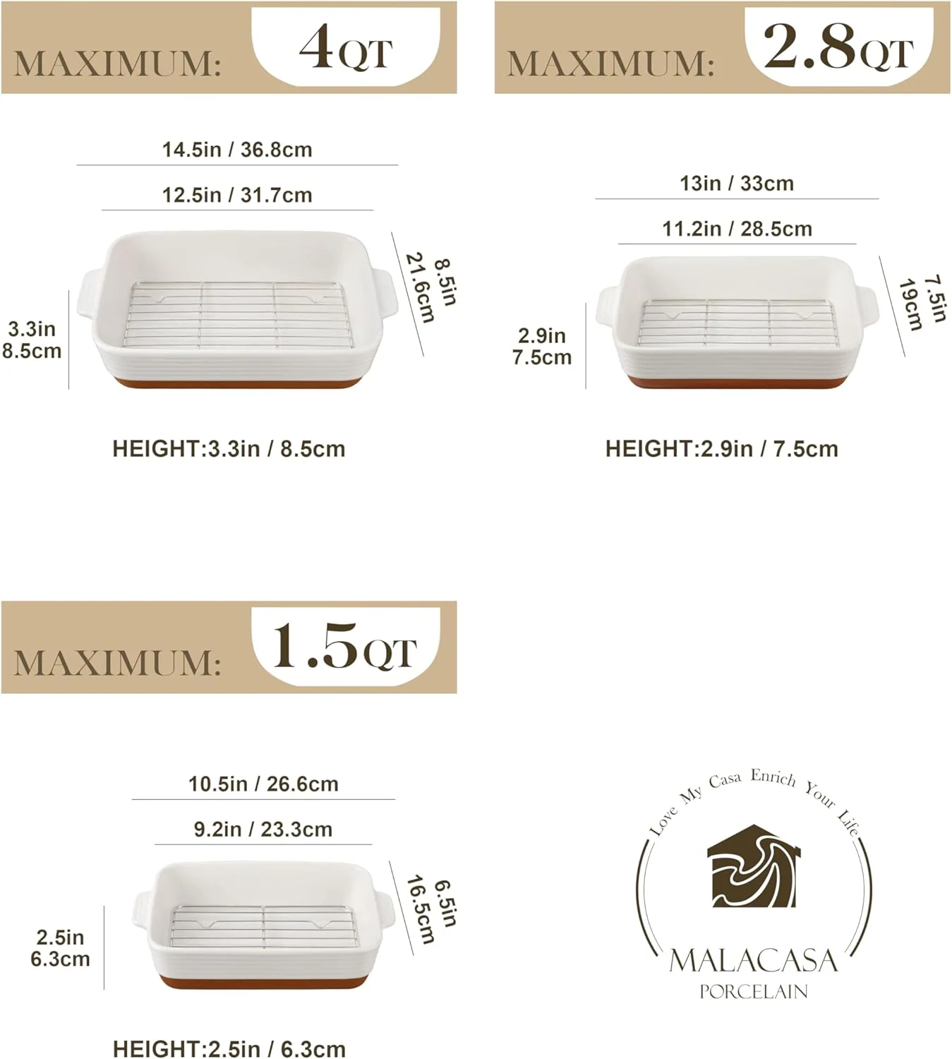 Casserole Dishes for Oven with Roasting Racks, Ceramic Baking Dishes Set of 3, Baking Pan Casserole Dish Set, Rectangular Lasagna Pan Deep with Handles for Baking, Khaki White (14.5''/13''/10.5''),
