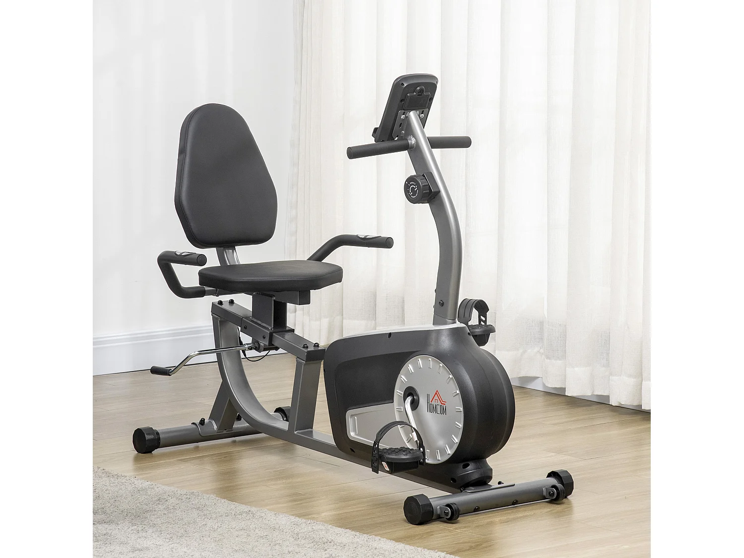 Vélo d'appartement semi-allongé magnétique écran LCD multifonction selle dossier résistance réglable acier ABS gris noir