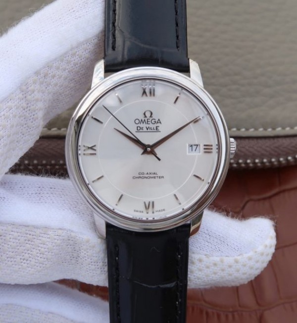Replica Omega V6 De Ville 37mm SS White Dial Black Leather Strap A2892 - Elite Watch Atelier
