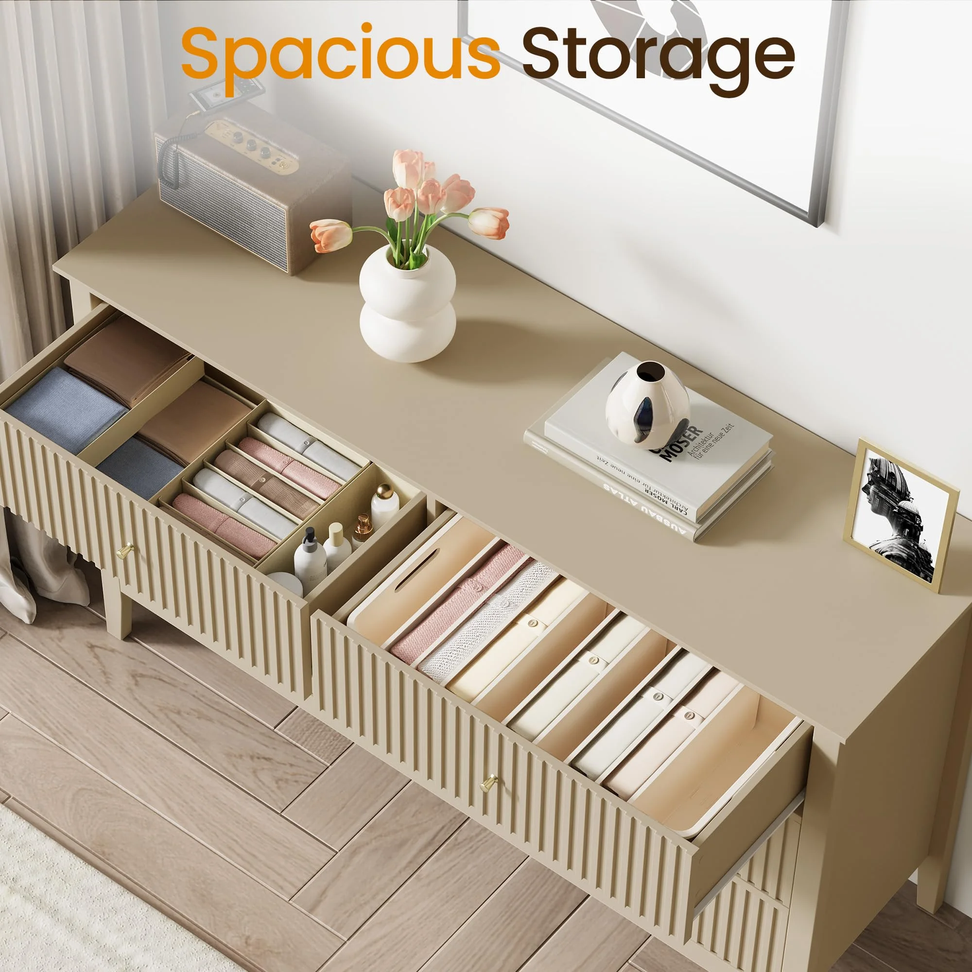 Heynemo Beige 6 Drawer Dresser, Fluted Modern Wood Chest - Image 2
