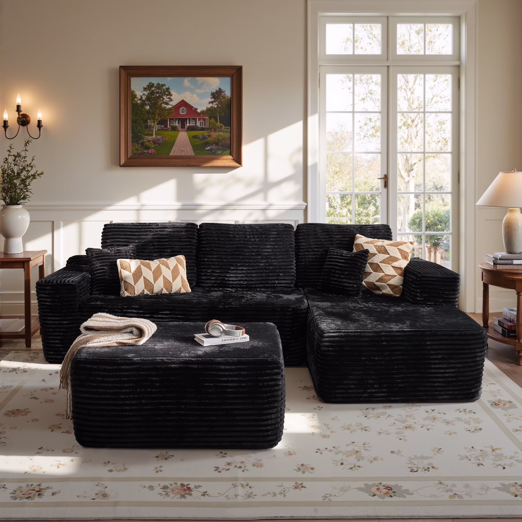 Ovios 106" L-Shaped Sectional Sofa Modern Modular Cloud Couch with Deep Seating Upholstered Sofa for Living Room Bedroom, No Assembly Required, Black(Corduroy) - Image 14