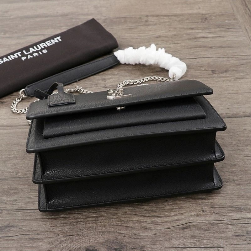 Saint Laurent Medium Sunset Chain Bag In Textured Leather Black Silver - 1:1High-quality replica