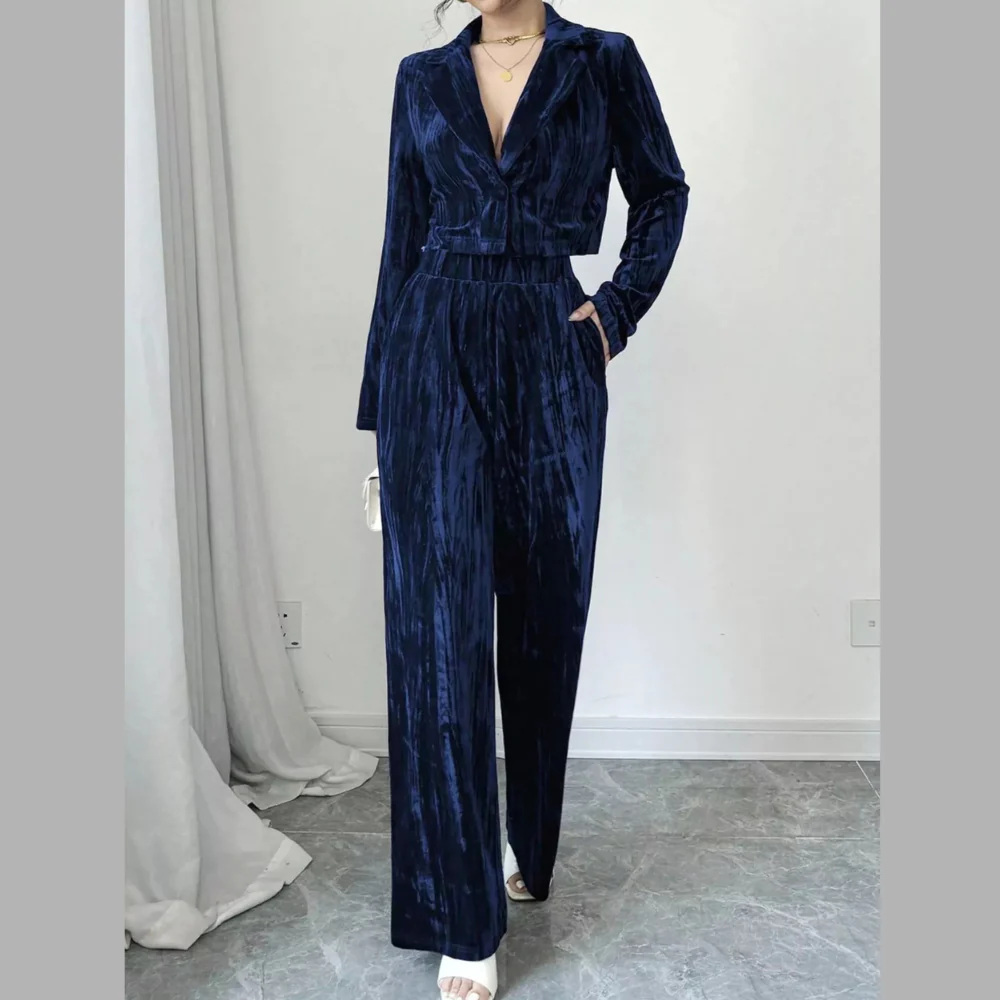 Pleated Velvet Blazer & Wide Leg Pants Set - ZKZOOK