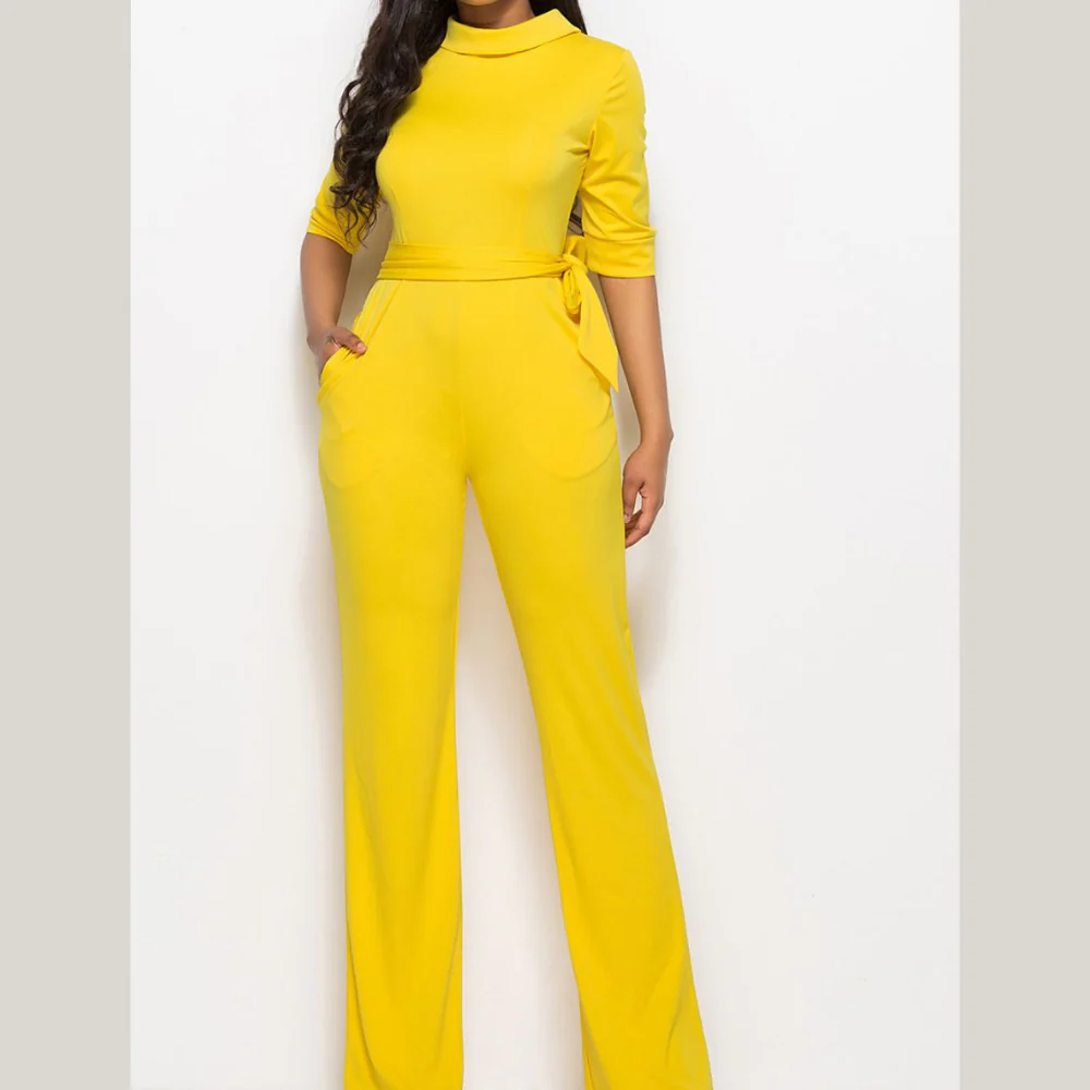 Mock Neck Tie-Waist Half Sleeve Jumpsuit - ZKZOOK