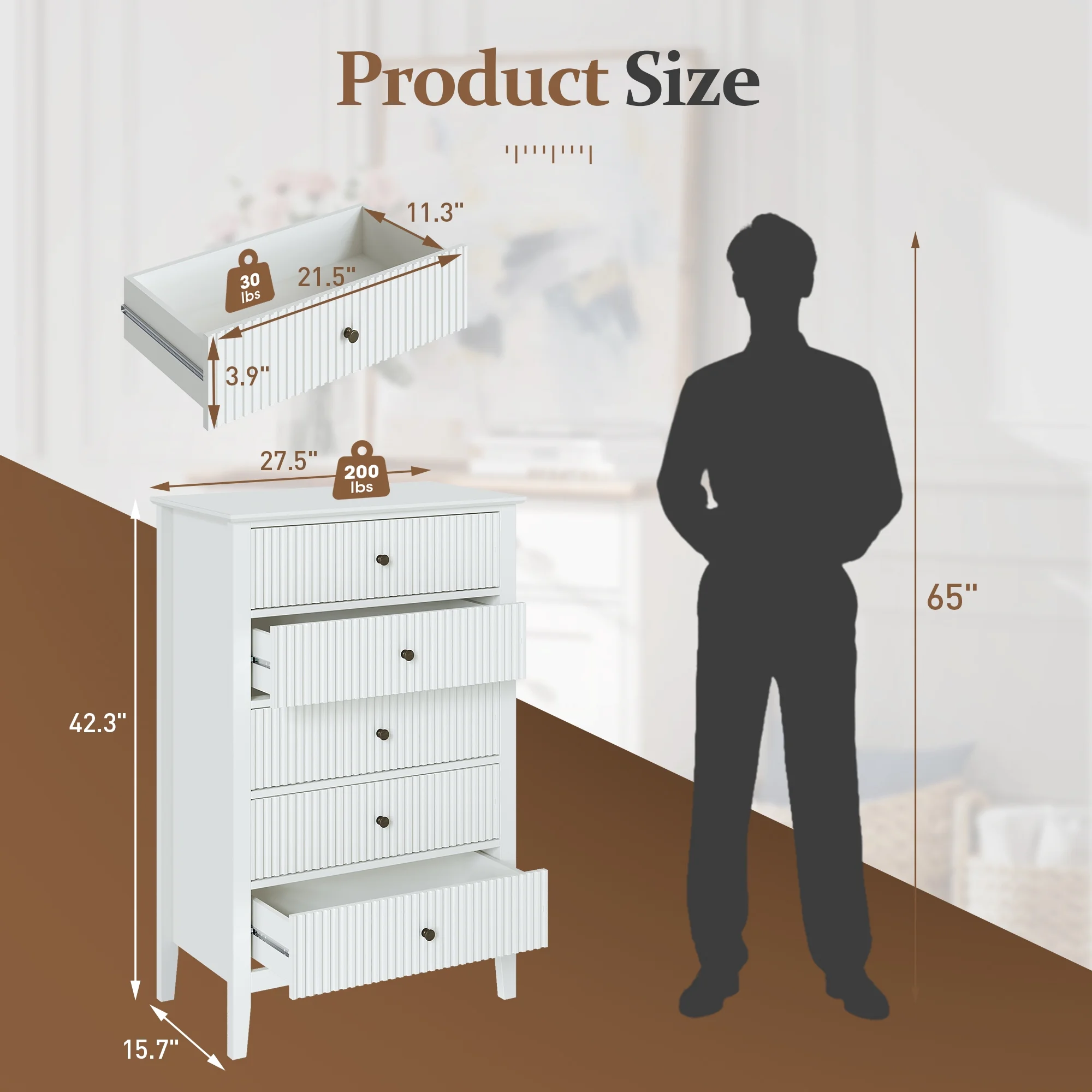 May Color Large White 3 Drawer Dresser Set of 2 with Fluted Panel, Modern Chest of Drawers with Silent Slide Drawers, Wood Accent Nightstand with Storage for Bedroom Living Room, Hallway - Image 45