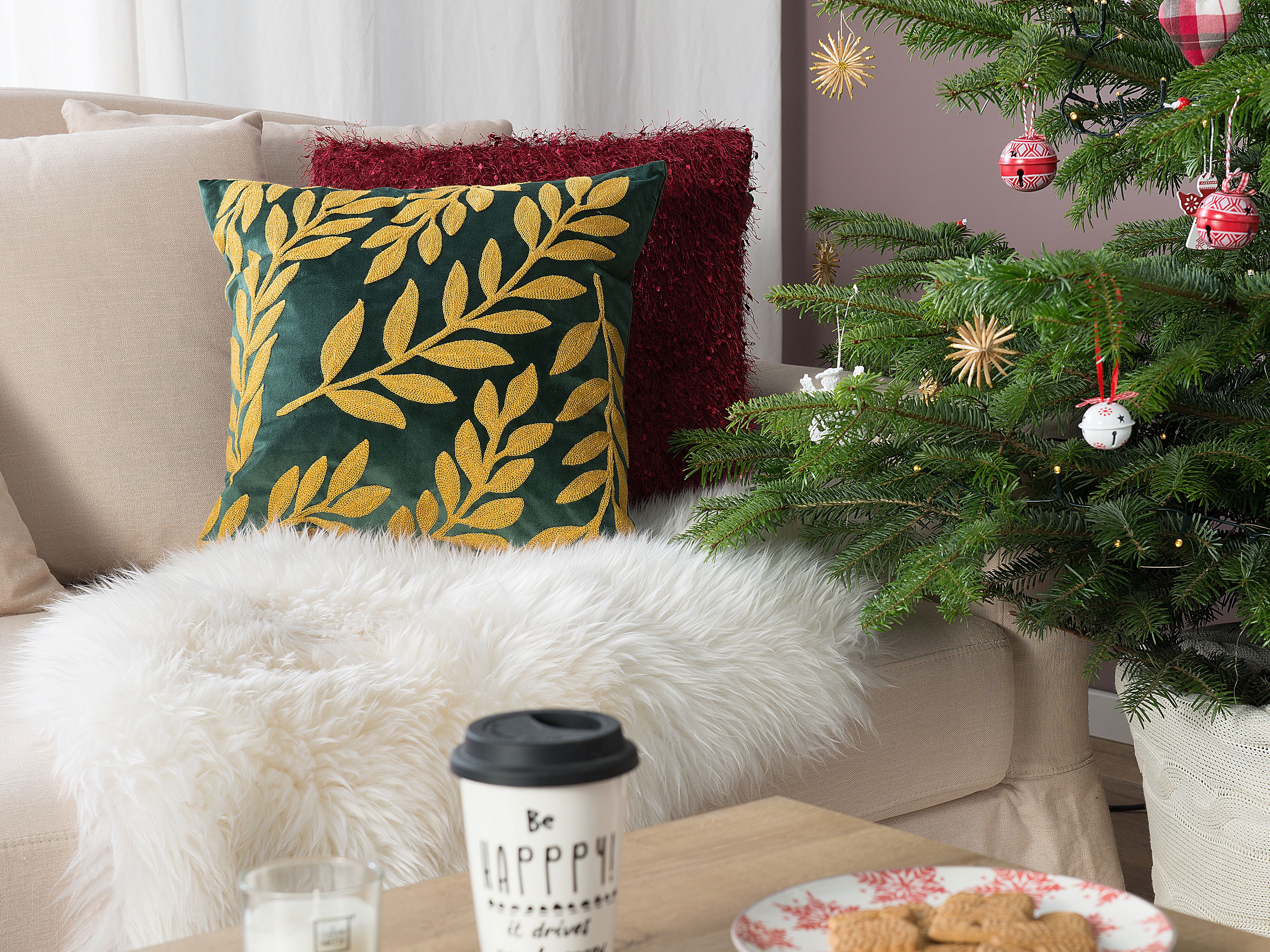Set of 2 Decorative Cushions MISTLETOE Velvet 45 x 45 cm Green Gold Plant Pattern