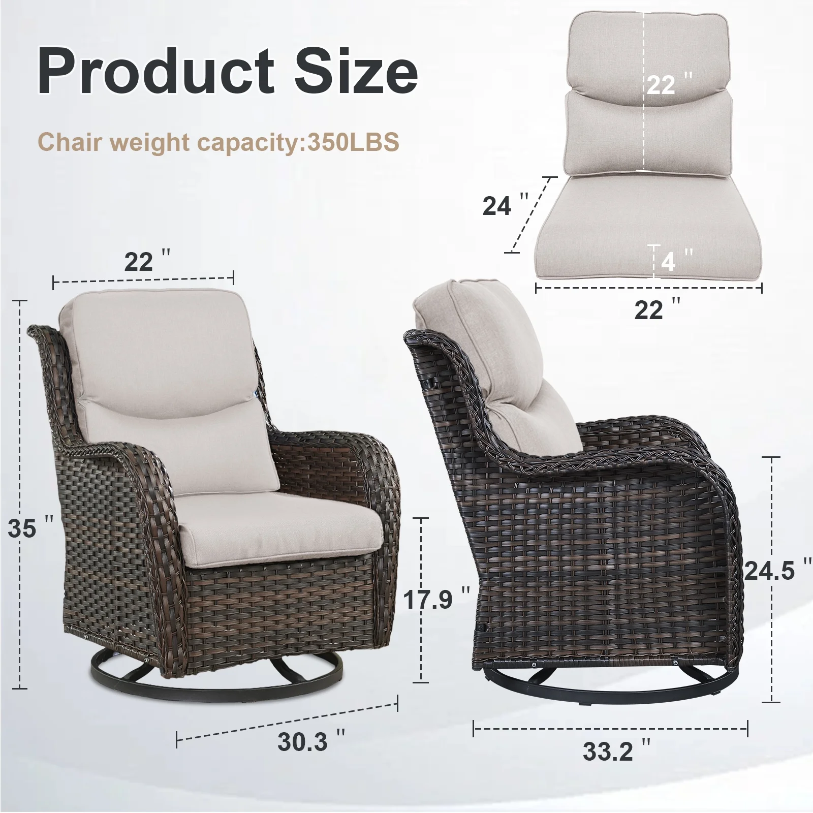 POCASSY Patio Swivel Chairs, Outdoor Wicker Swivel Glider Rocking Chairs with High Back and Thick Cushions for Porch Deck - Set of 2, Beige - Image 11
