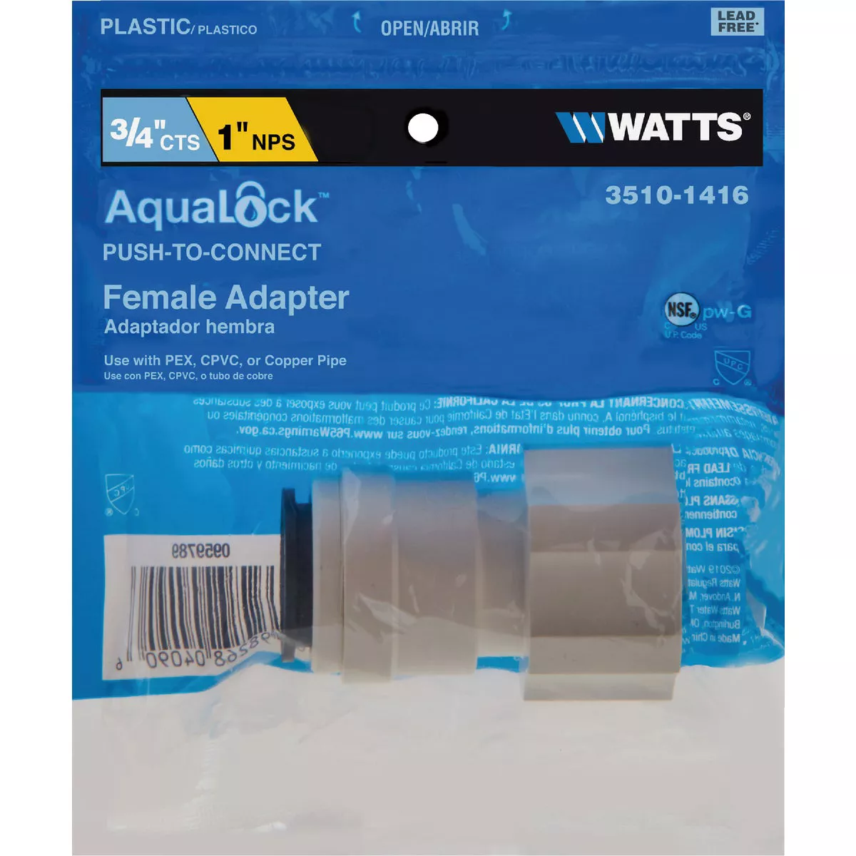 Watts Aqualock 3/4 In. CTS x 1 In. FPT Push-to-Connect Plastic Adapter