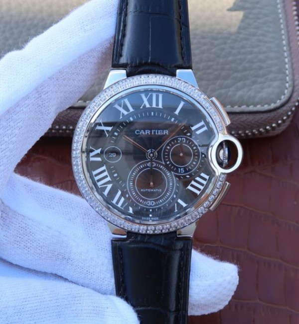 Replica Cartier Ballon Bleu De Cartier Chrono SS Black Dial Diamonds Bezel A8101 - Top club