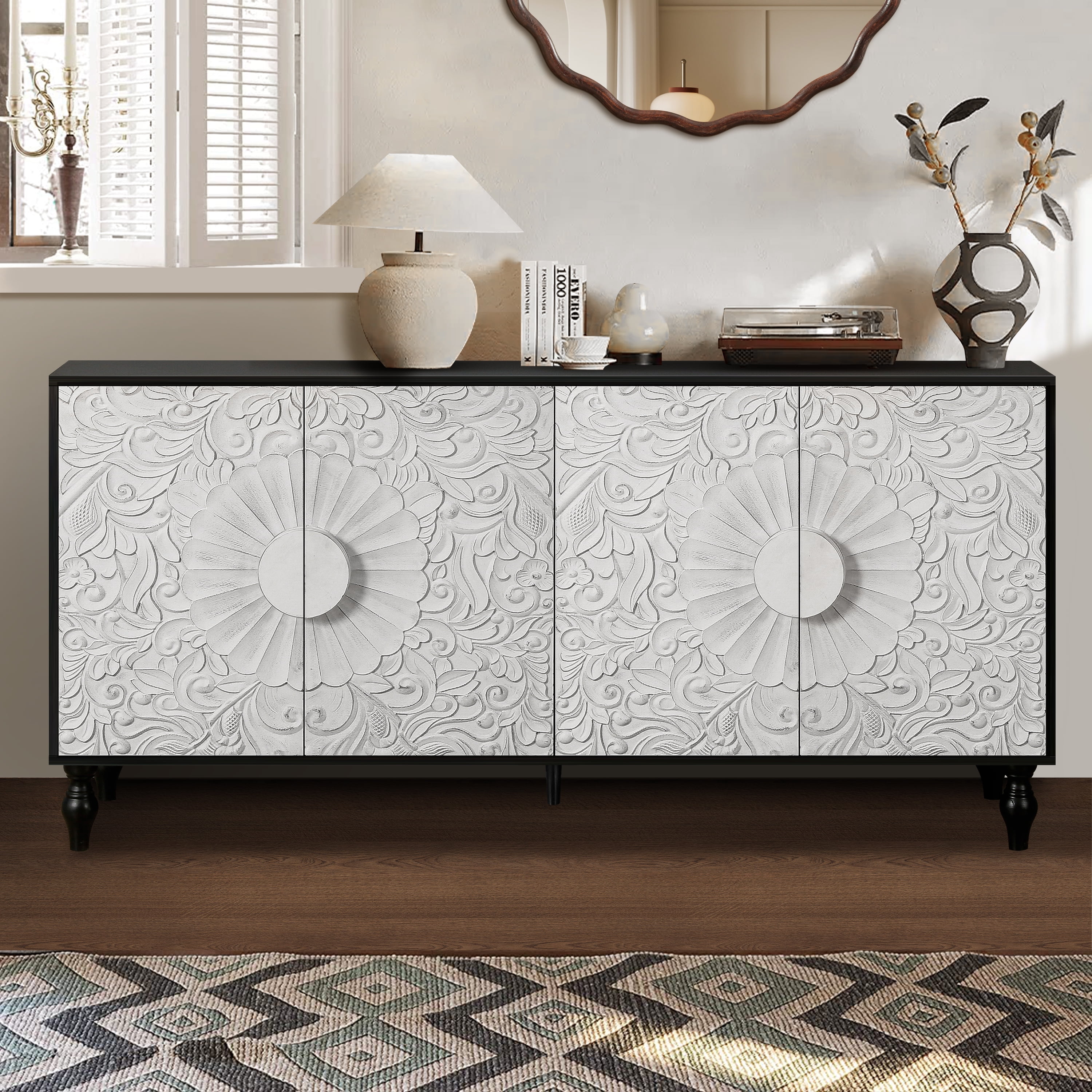 Aukfa 63" Large Accent Storage Cabinet TV Stand with Carved Door for Living Room,Entryway,Natural - Image 16