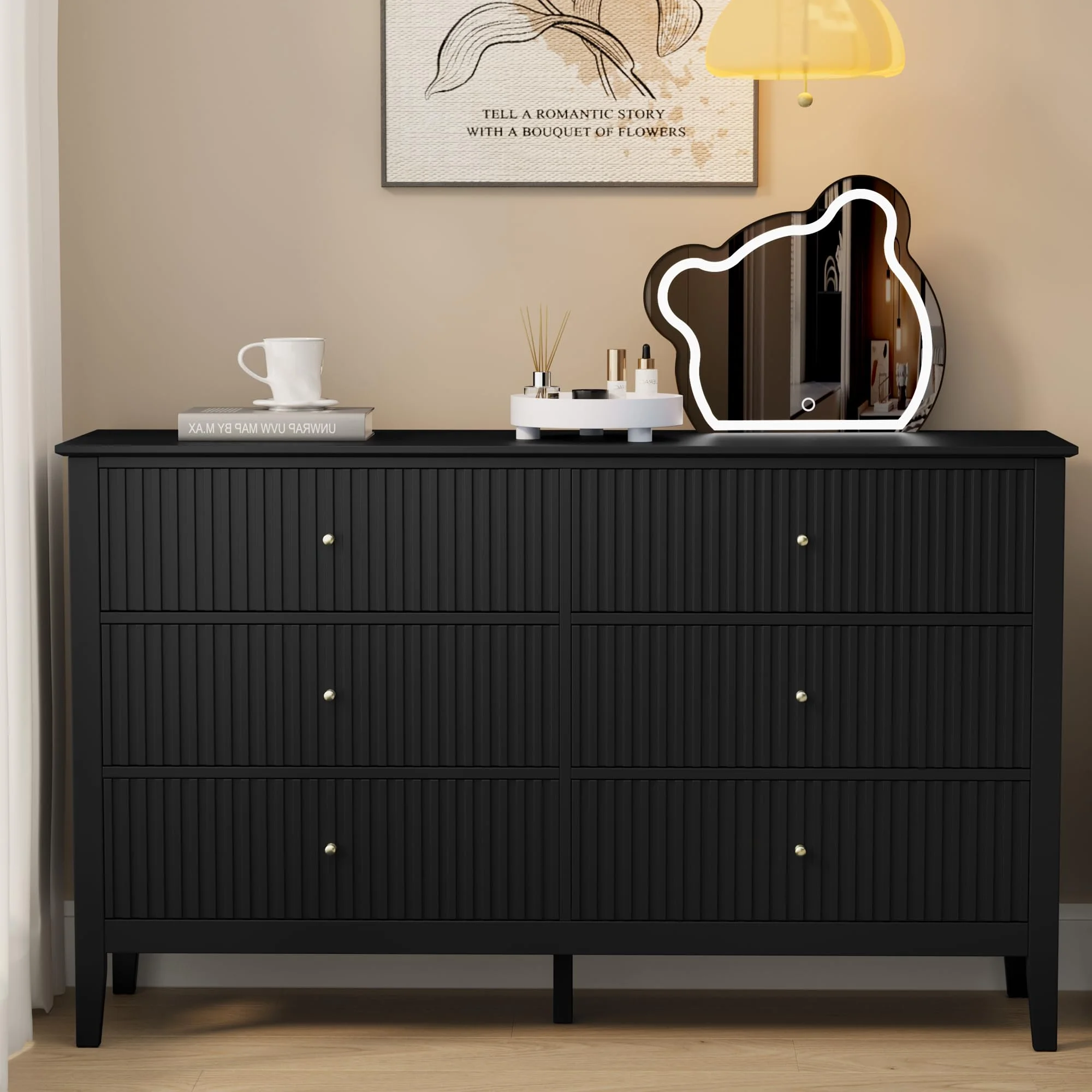 Heynemo Beige 6 Drawer Dresser, Fluted Modern Wood Chest - Image 96