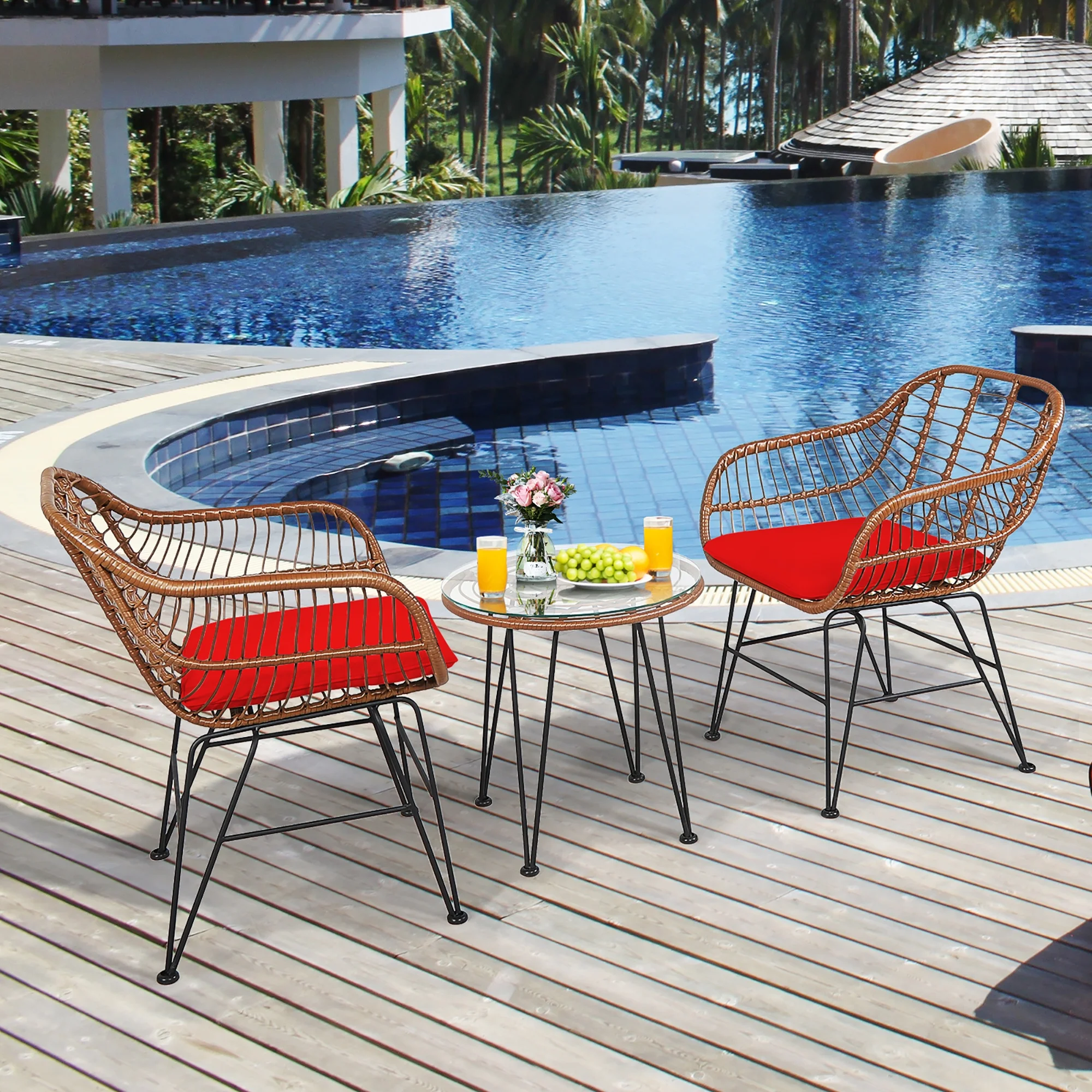 Costway 3PCS Patio Rattan Bistro Set Coffee Table Armchair Garden Red Cushion