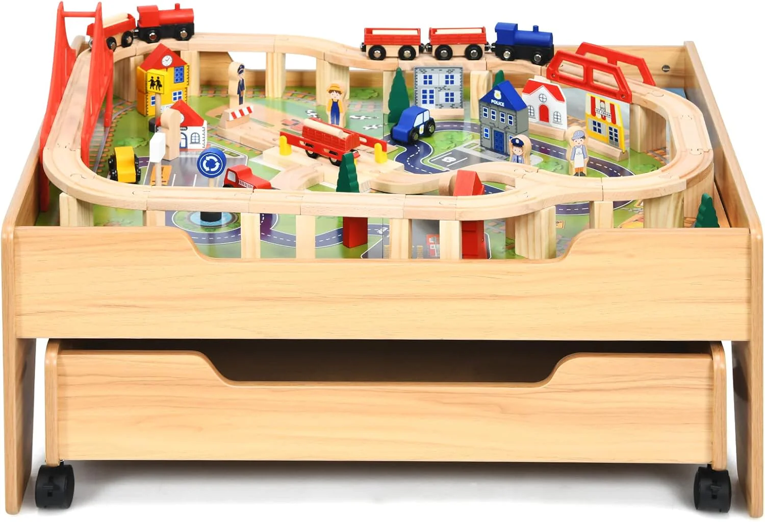 The dual-function wooden children's activity table with storage function, featuring 100 colorful components, tracks, trains, and cars, is a children's train table set suitable for children aged 3 and above. It has a flip-up tabletop and is a gift for - Image 3