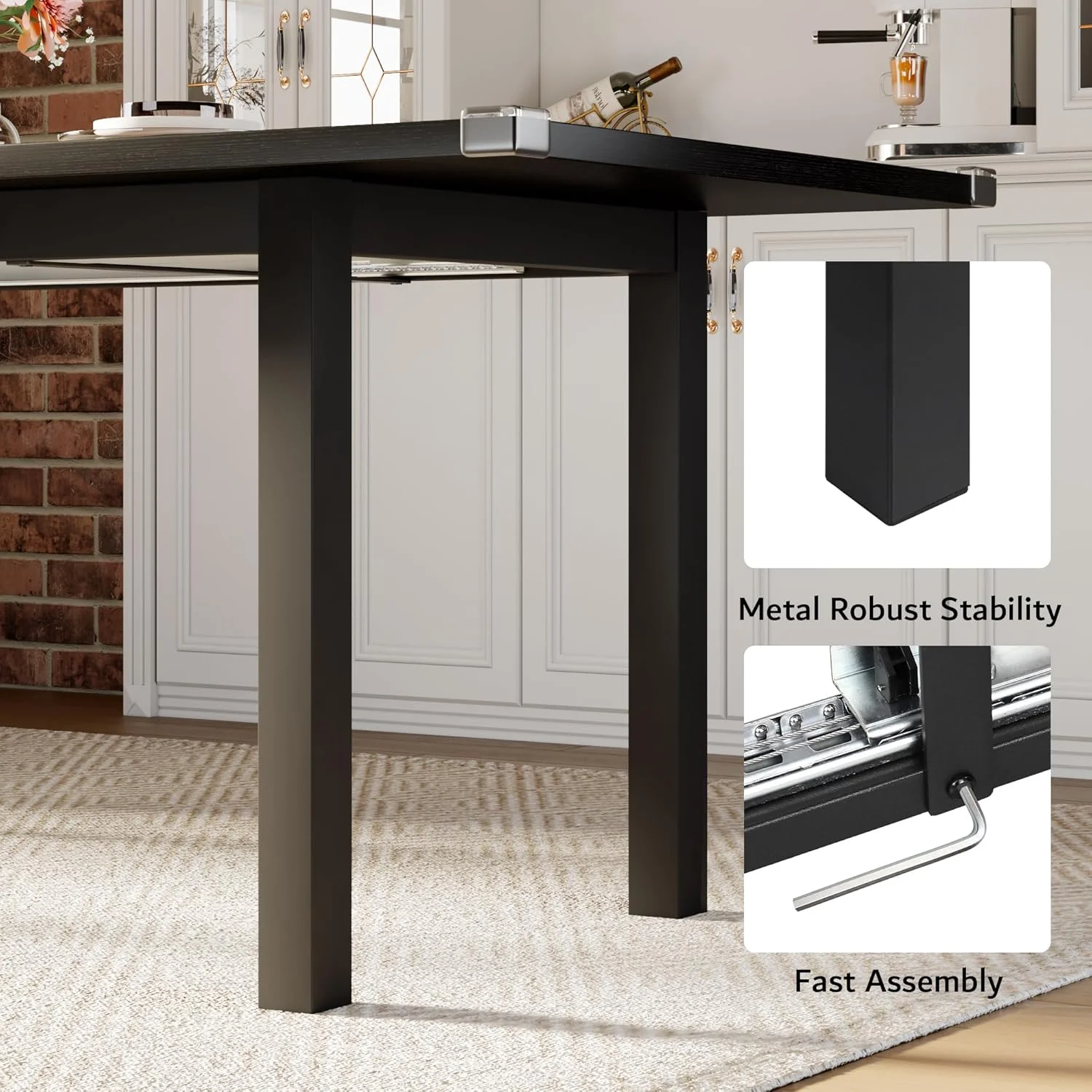 iPormis 63" Extendable Dining Table for 4-8, Square Wooden Dining Room Table with Metal Base, Modern Extendable Table for Small Kitchens, Dining Office Areas, Black - Image 9