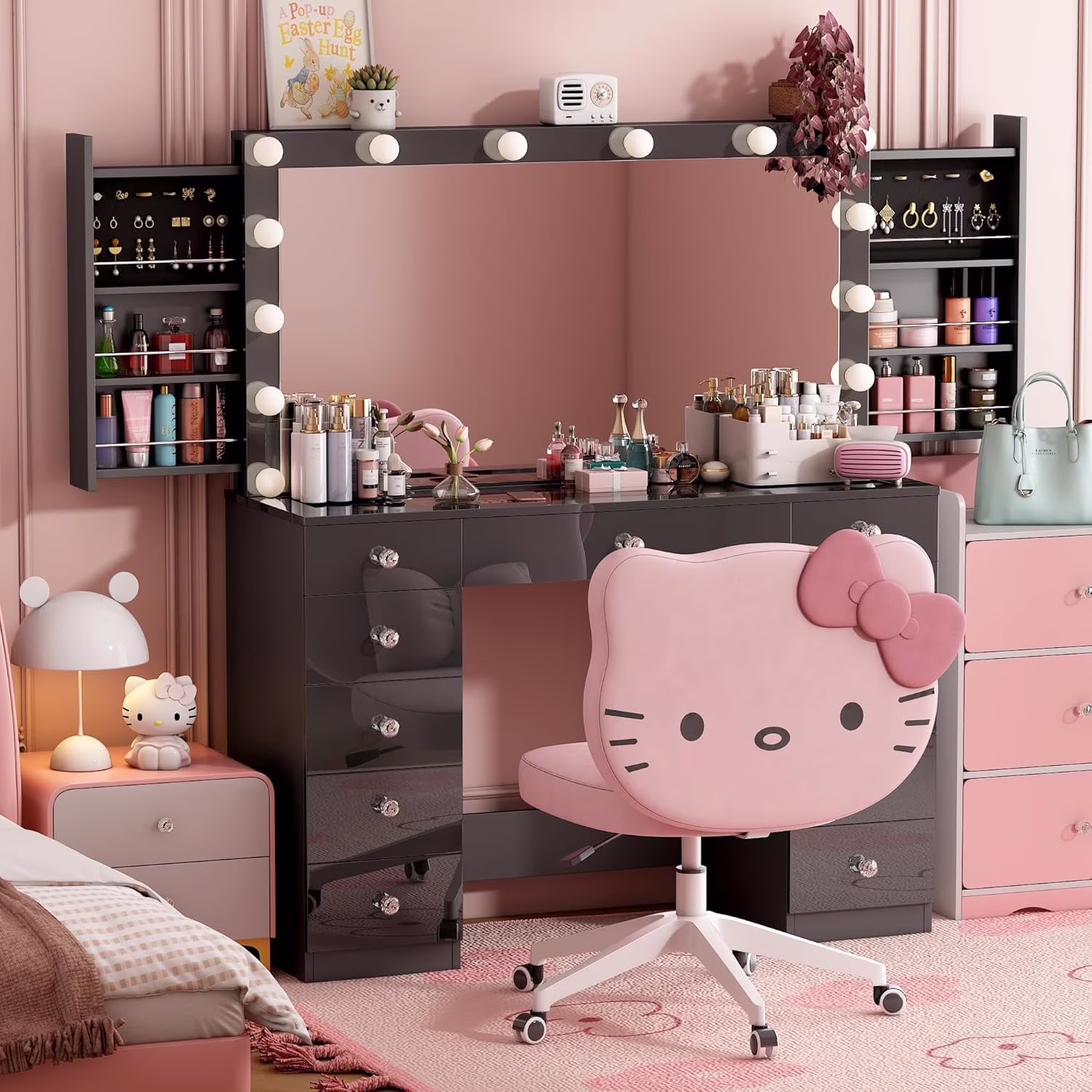 Vanity Desk with Power Outlet, Makeup Vanity with Mirror and 14 LED Light, 3 Lighting Modes,11 Drawer Vanity Table with Sliding Jewelry Storage, Glass Top, Specular Surface - Image 3