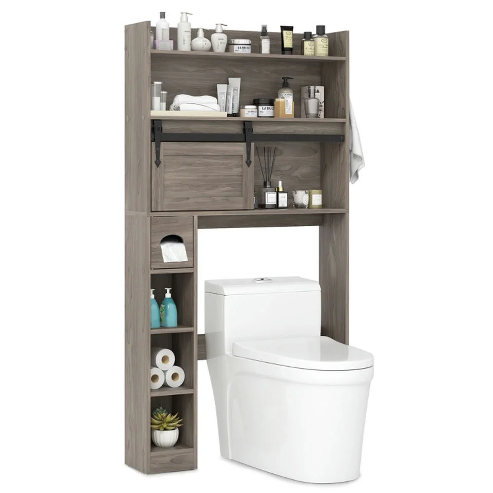 Yardi Yard Over The Toilet Storage Cabinet with Sliding Barn Door and Adjustable Shelves-Gray, Bathroom Organizers and Storage