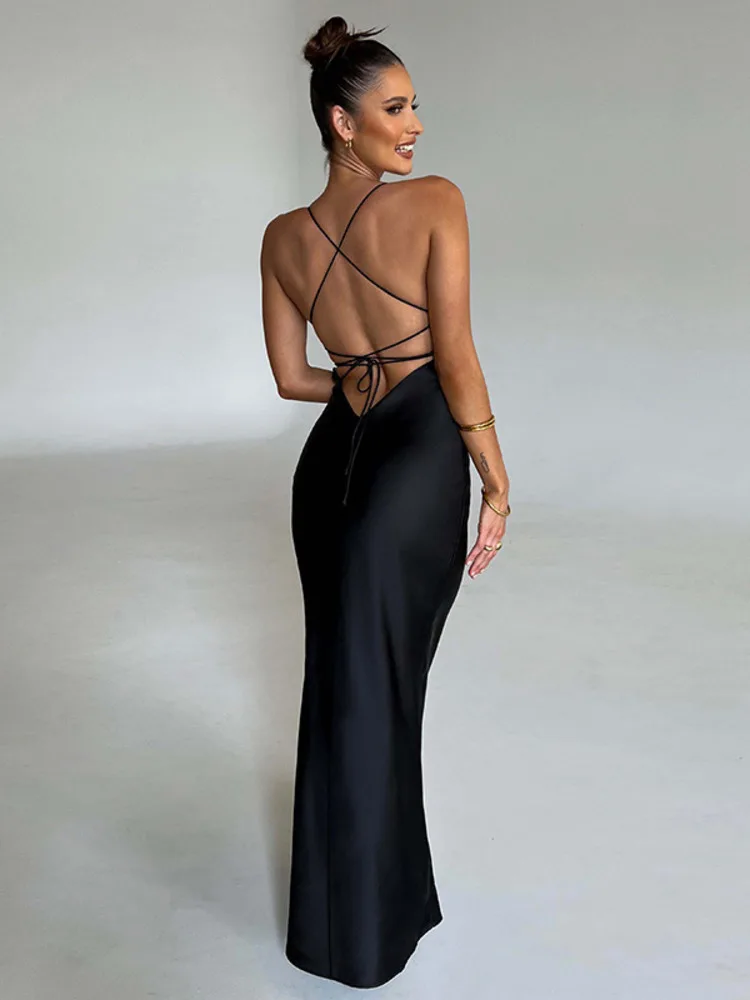 Satin Backless Maxi Dress For Women 2025 Autumn New Spaghetti Strap Sleeveless Bodycon Long Dress Vestido Clubwear - AZJHJ