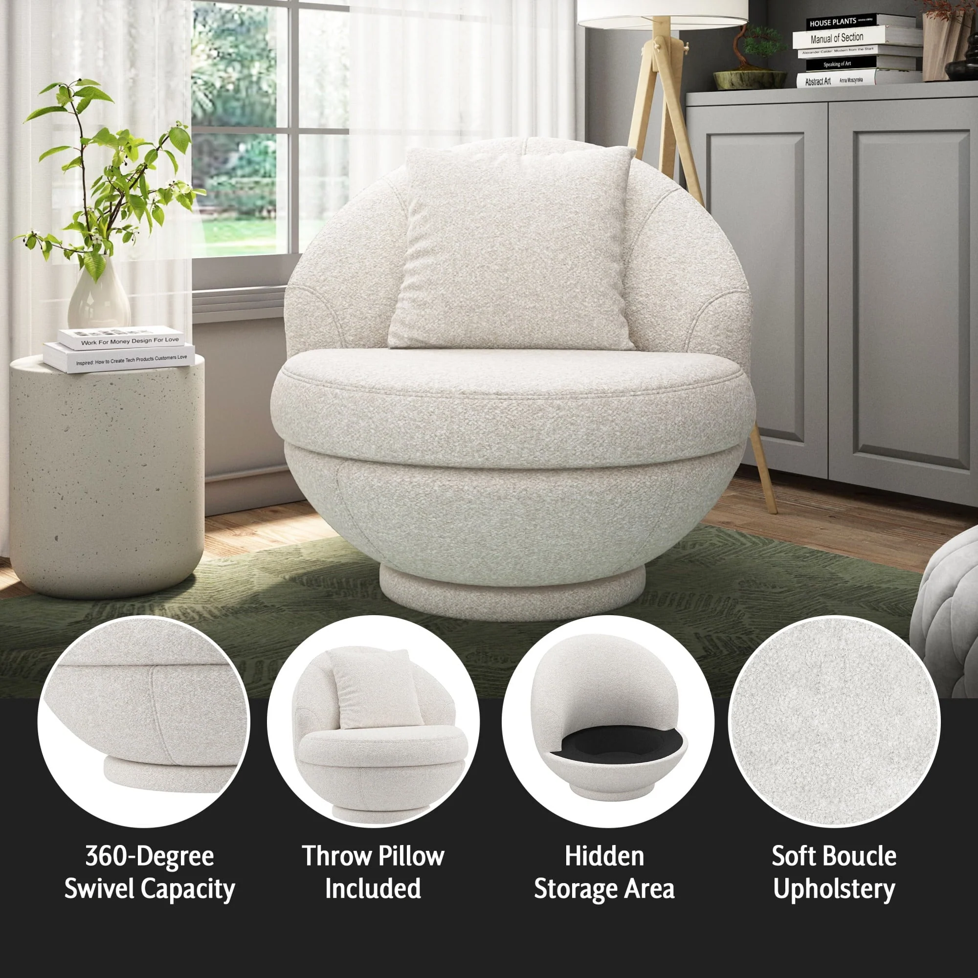 Hillsdale Boulder Upholstered Swivel Storage Chair, Ash White - Image 3