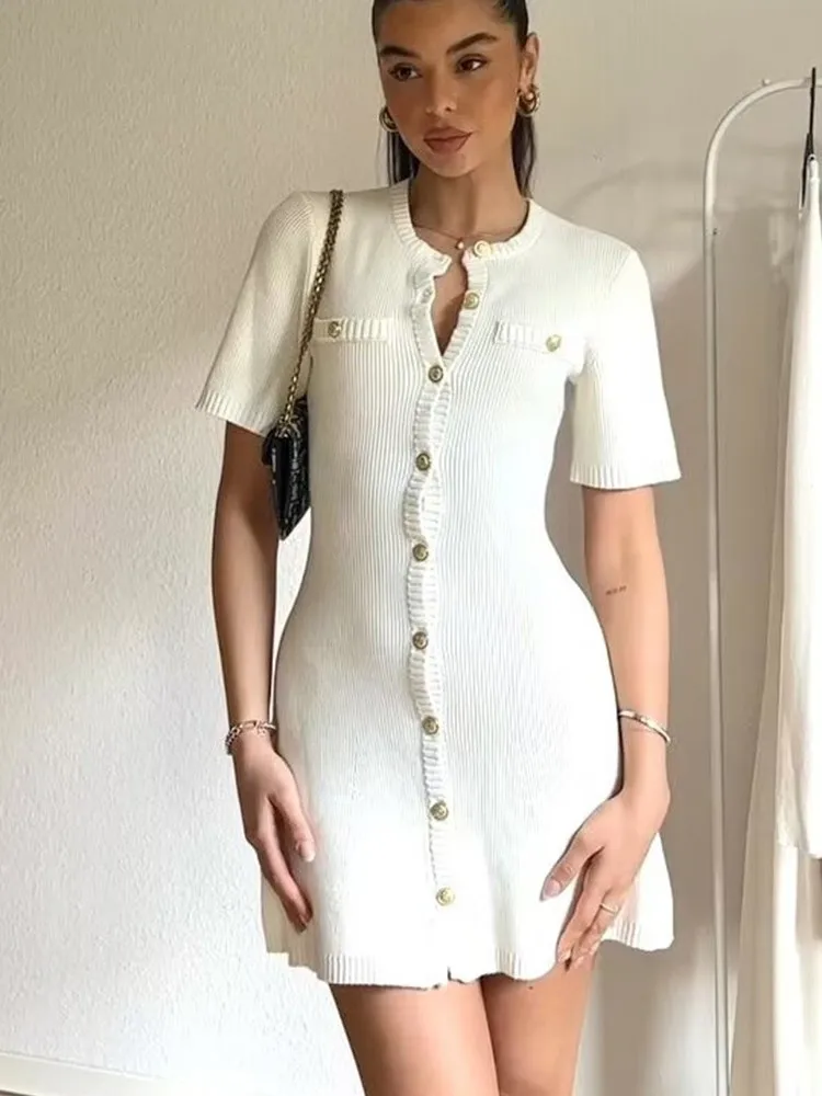 Solid Color Elegant Knitted Mini Dress For Women Metal Button Sexy Slim Rib Sweater Dress Holiday Party Outfits Spring 2025 New - AZJHJ
