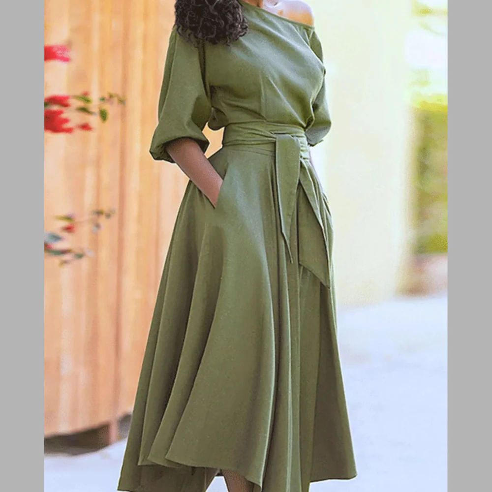 Boat Neck Tie Waist Dress - ZKZOOK