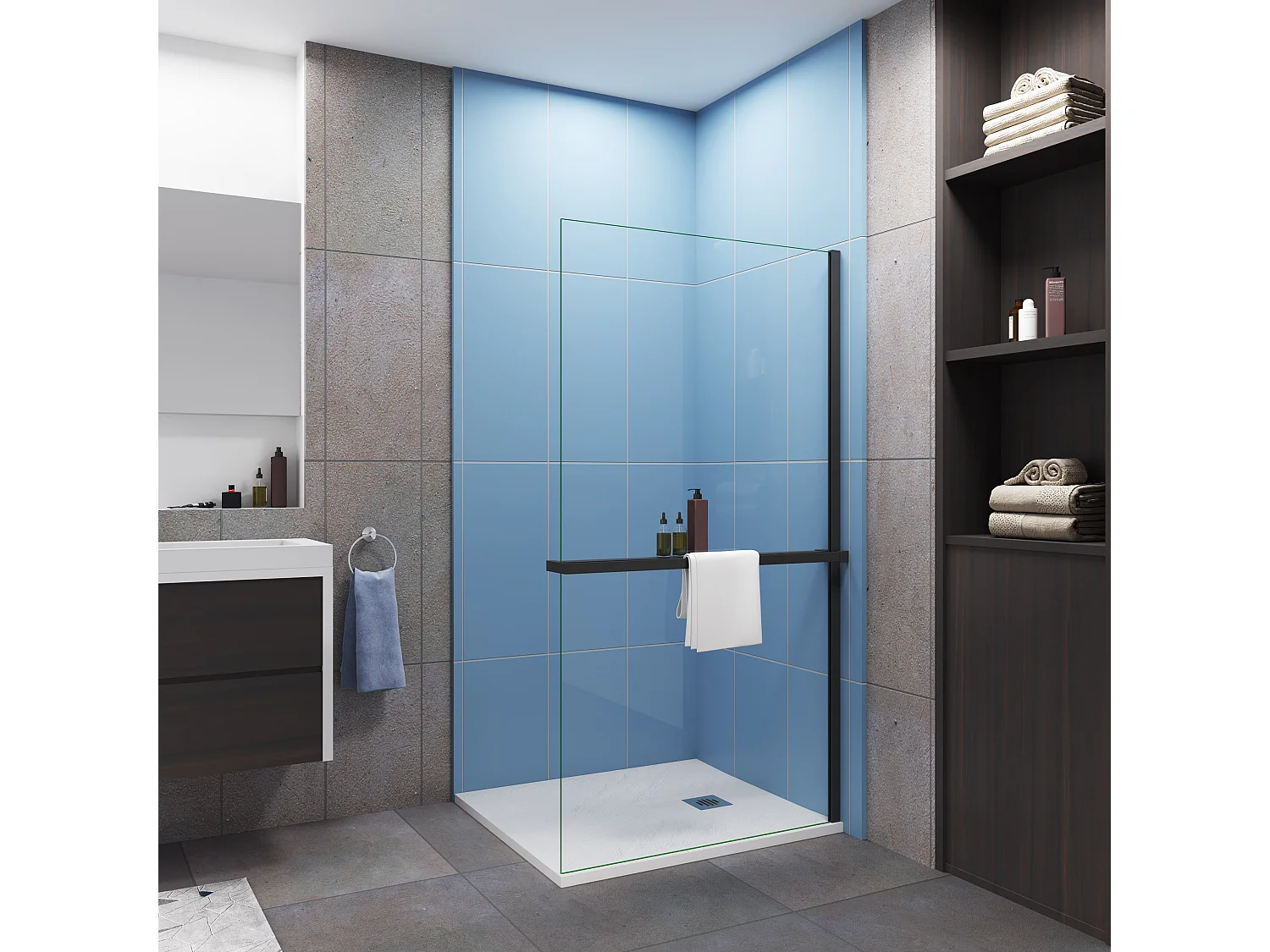 Paroi de douche fixe 100x200 cm - verre 8 mm anticalcaire - Noir mat + Étagère de Douche 100cm en alu