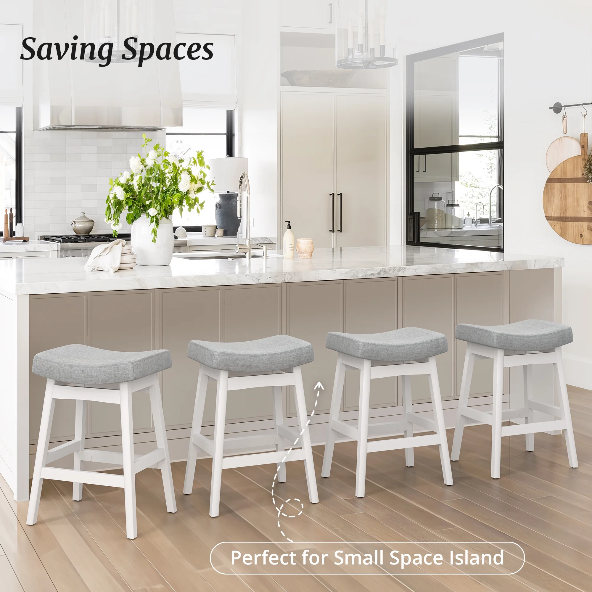 Dycanpo Saddle Seat Counter Height Bar Stools Set of 3 for Kitchen, Dining, 24in, Beige-Fabric - Image 20