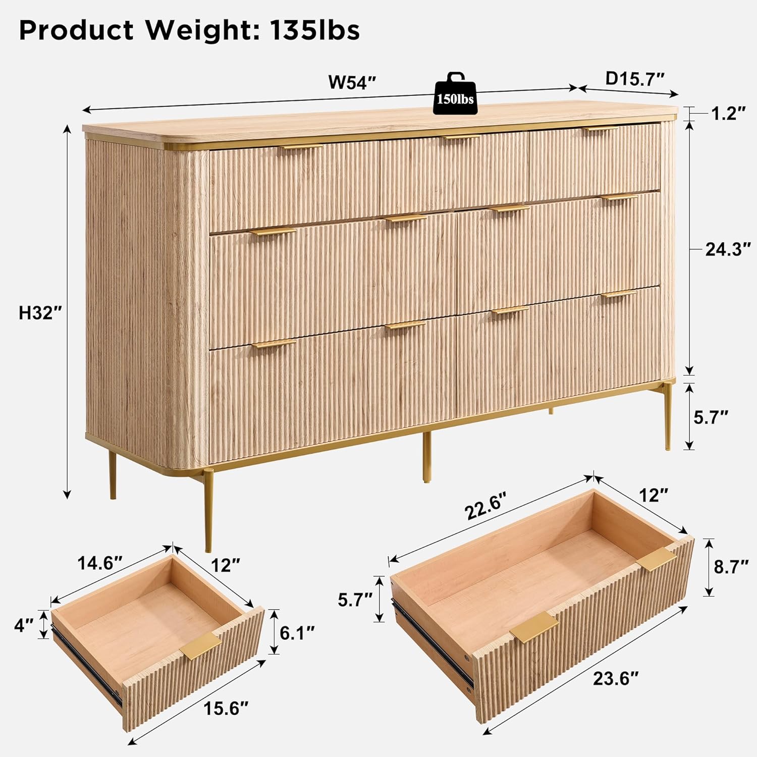 T4TREAM Fluted 7 Drawers Dresser for Bedroom, 54