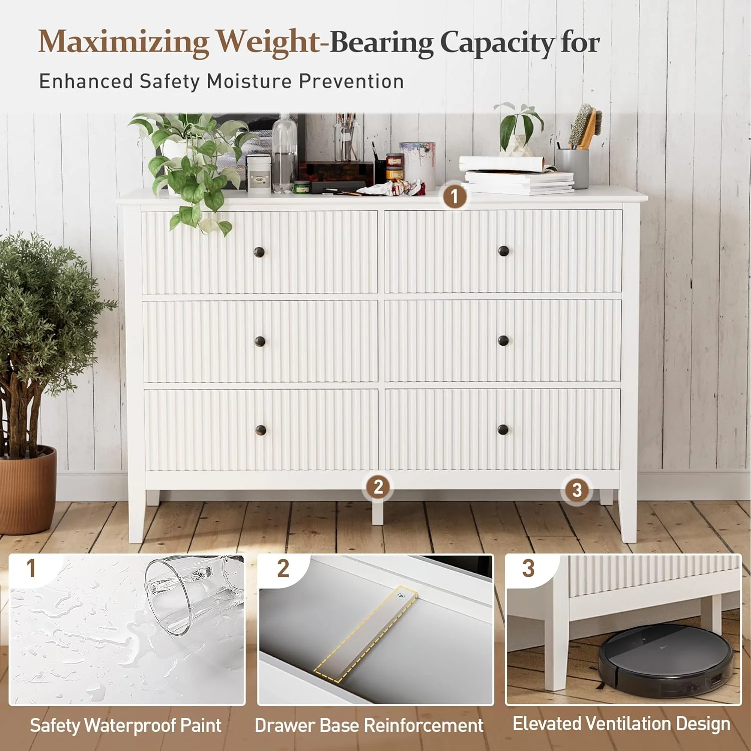 Heynemo Beige 6 Drawer Dresser, Fluted Modern Wood Chest - Image 105