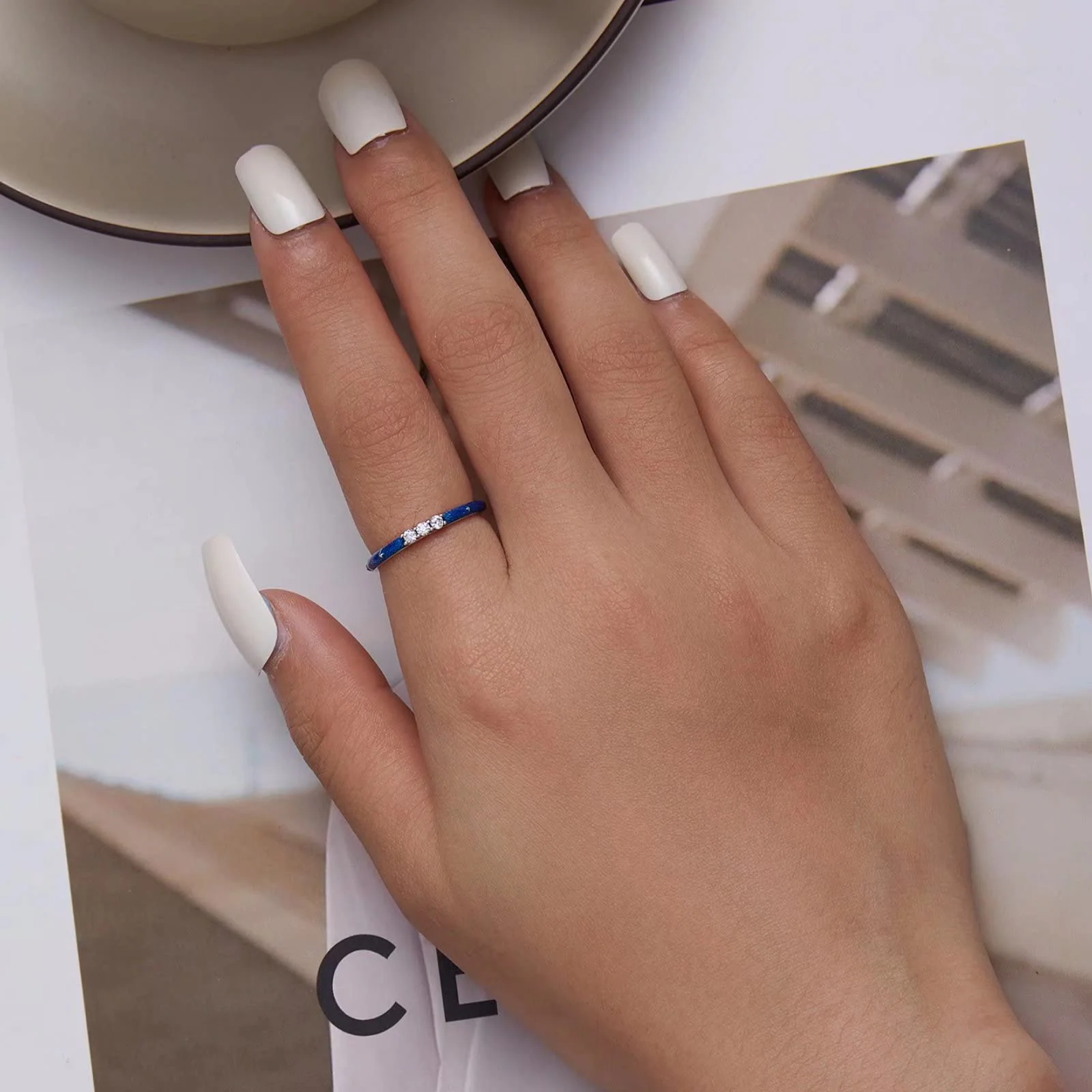 2mm Enamel Stackable Rings for Women Girl, 925 Sterling Silver Eternity Wedding Engagement Bands Rings Sparkling Cubic Zirconia Promise Rings