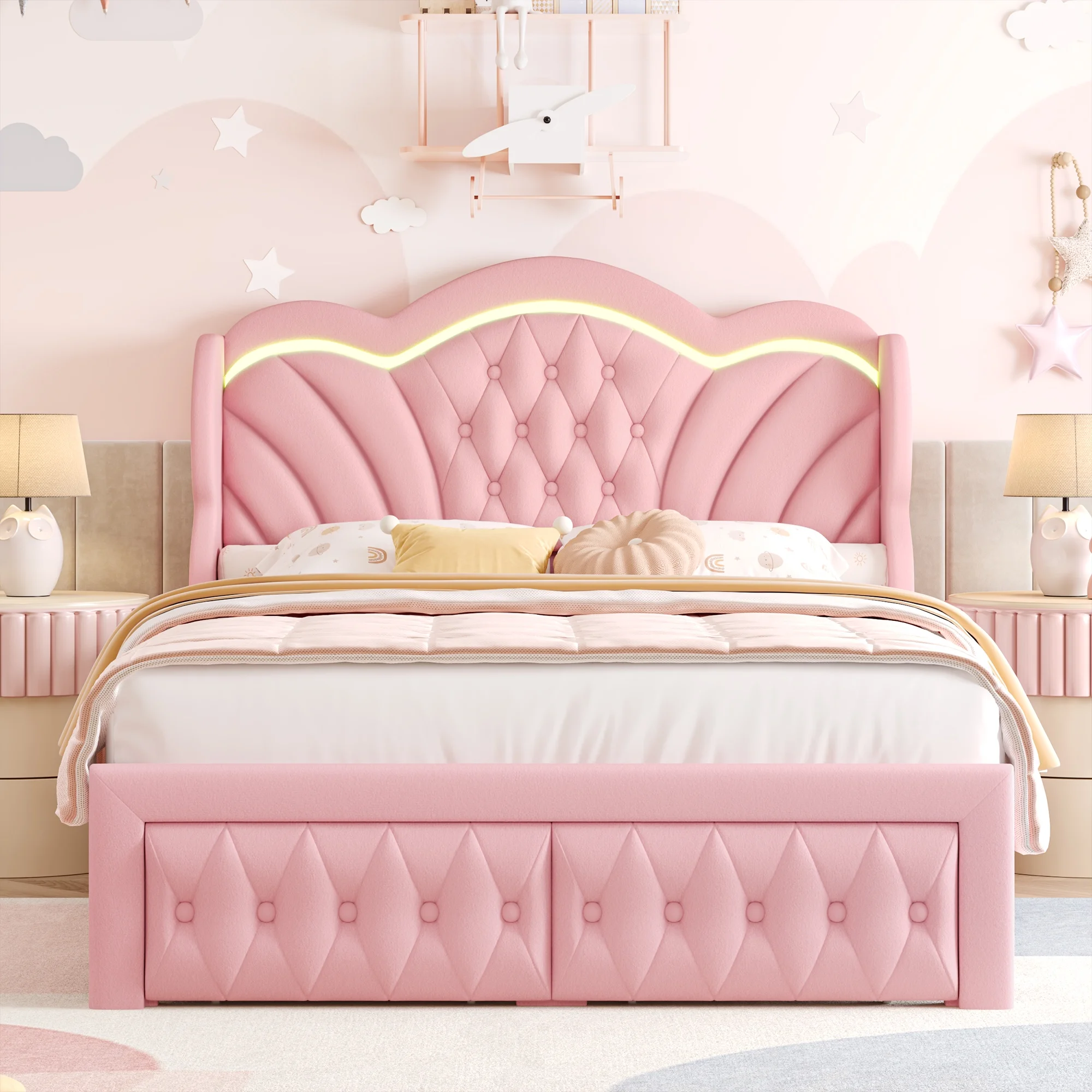 Hiphuta Modern Queen Bed Frame with 2 Drawers, LED Lights Platform Bed Frame, Sturdy Beds Frame with Upholstered Button Tufted Headboard, Velvet White - Image 23