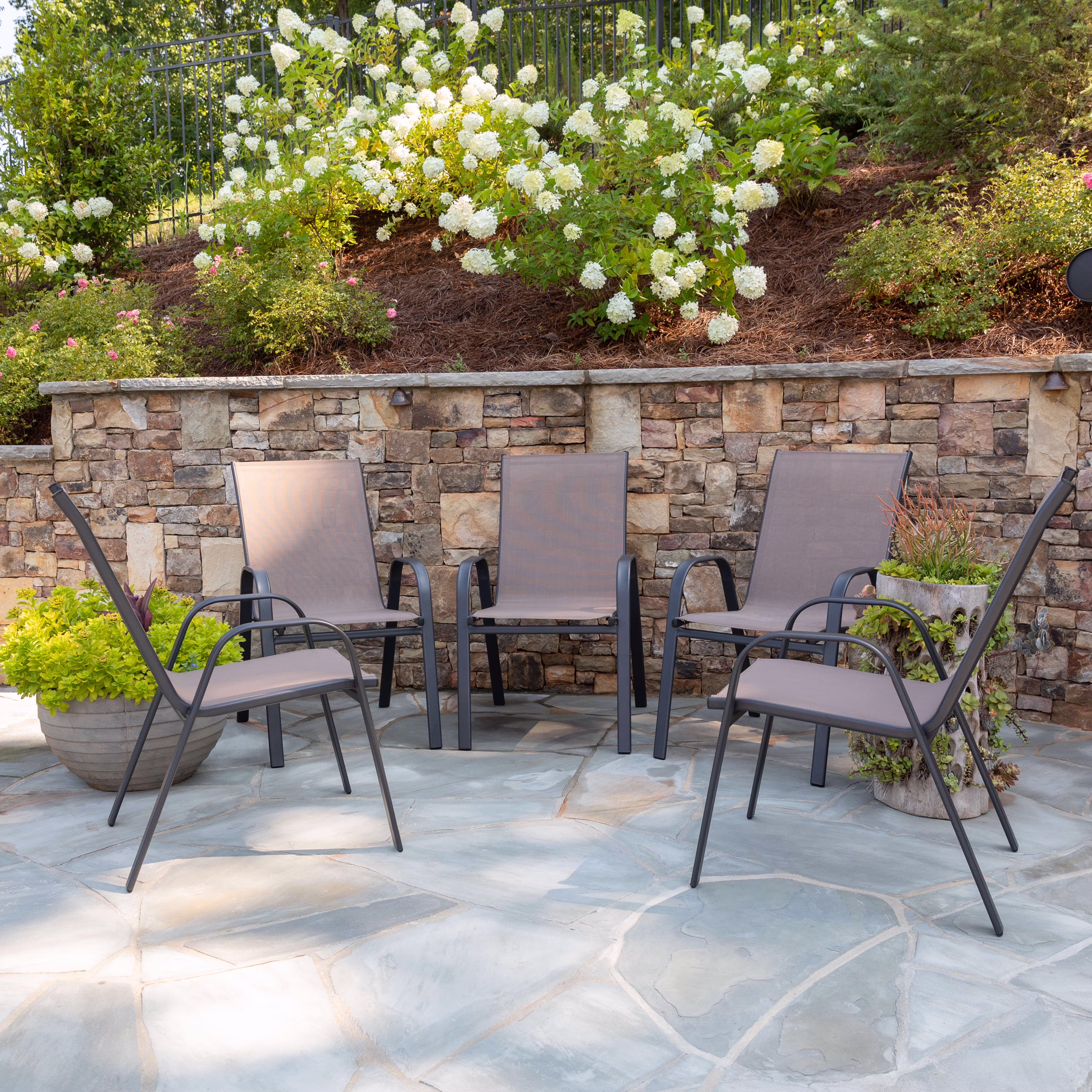 BizChair 5 Pack Black Outdoor Stack Chair with Flex Comfort Material and Metal Frame - Image 3